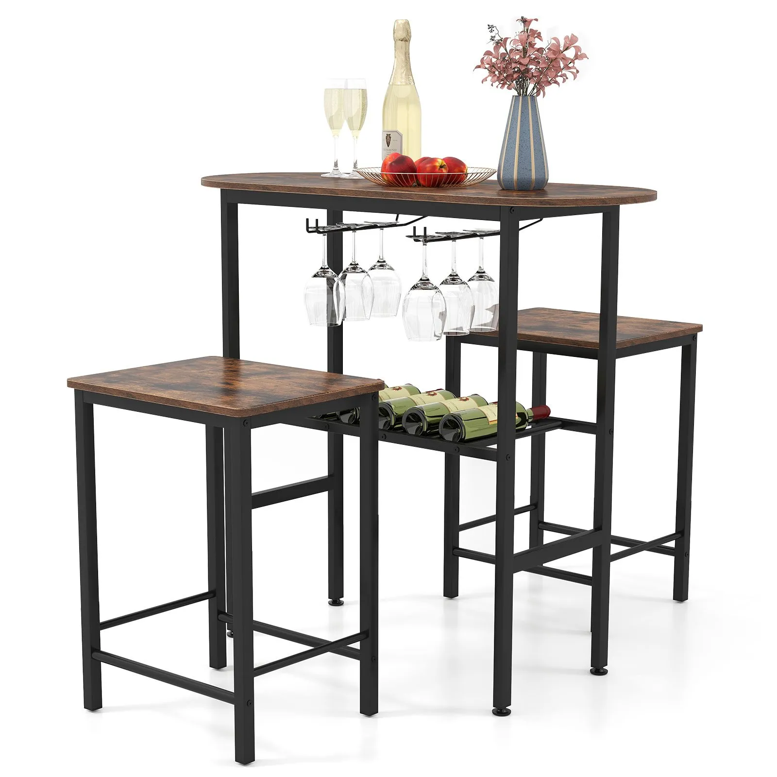 Costway 3 Piece Counter Height Table Set Oval Dining Table & 2 Stools in Brown 2