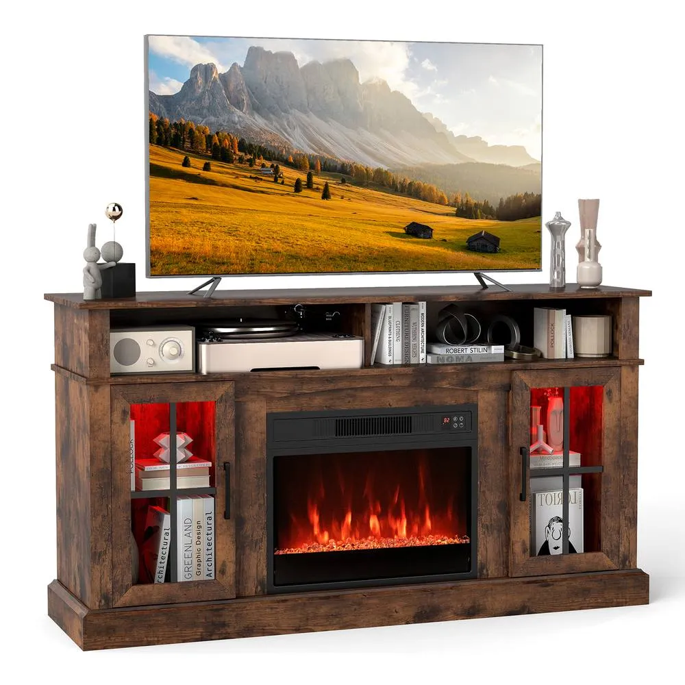 Costway Fireplace TV Stand w/ LED Lights Entertainment Center for 65 Inch TV in Brown