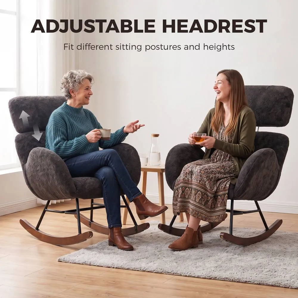 HOMCOM Rocking Chair with Adjustable Headrest Velvet Upholstery Dark Grey 5