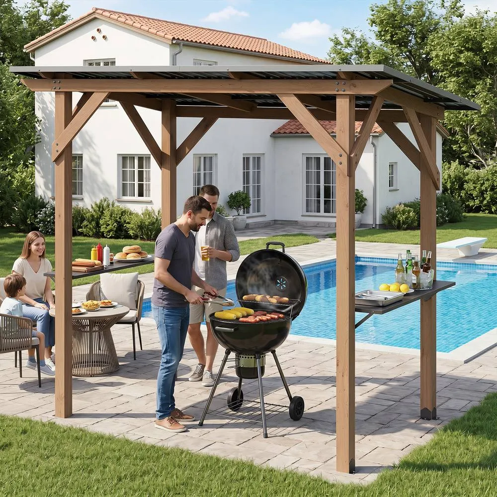 Costway Grill Gazebo Cedar Wood BBQ Gazebo with 2 Side Serving Shelves in Brown 5