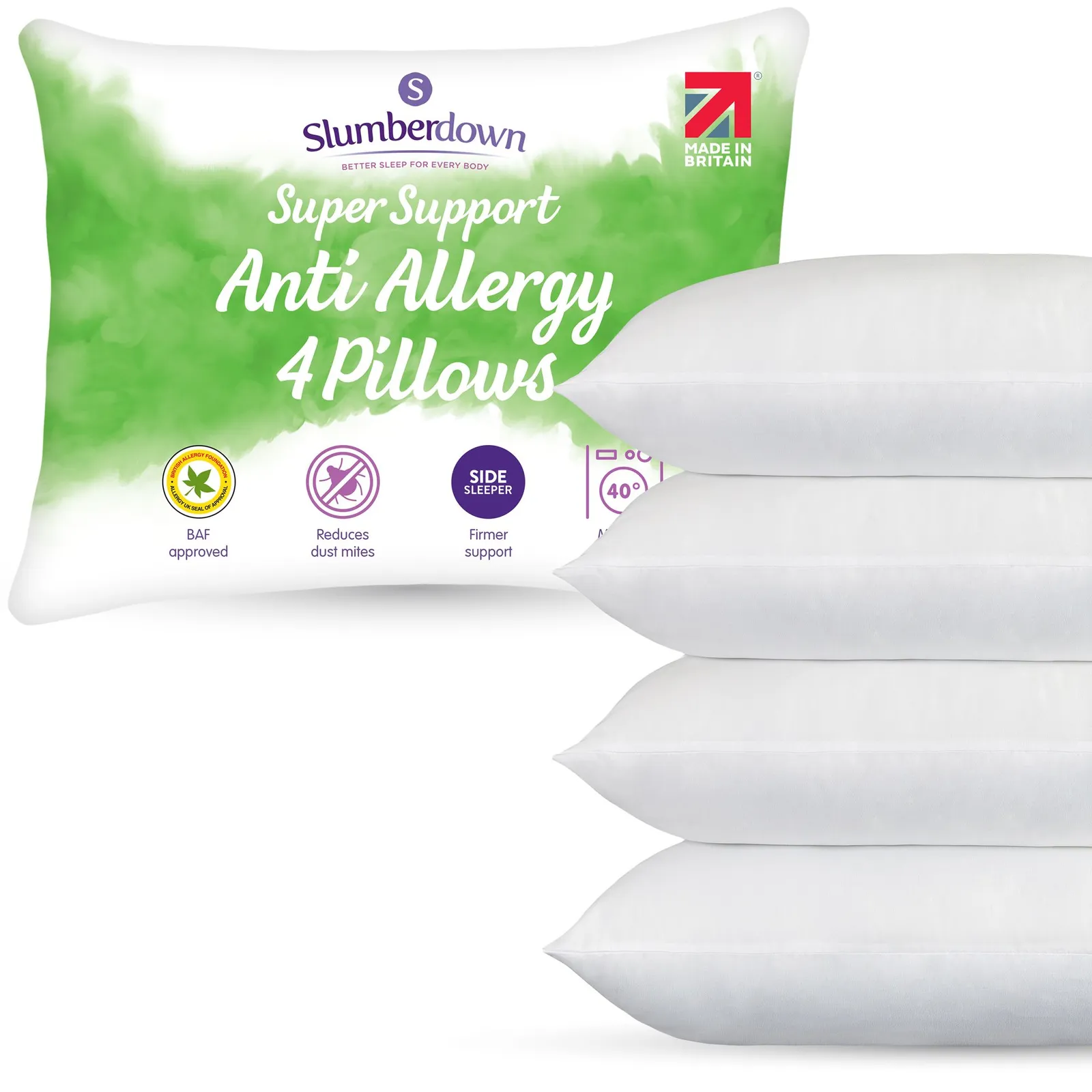 Slumberdown 4 Pack Anti Allergy Super Support Side Sleeper Firm Pillows in White