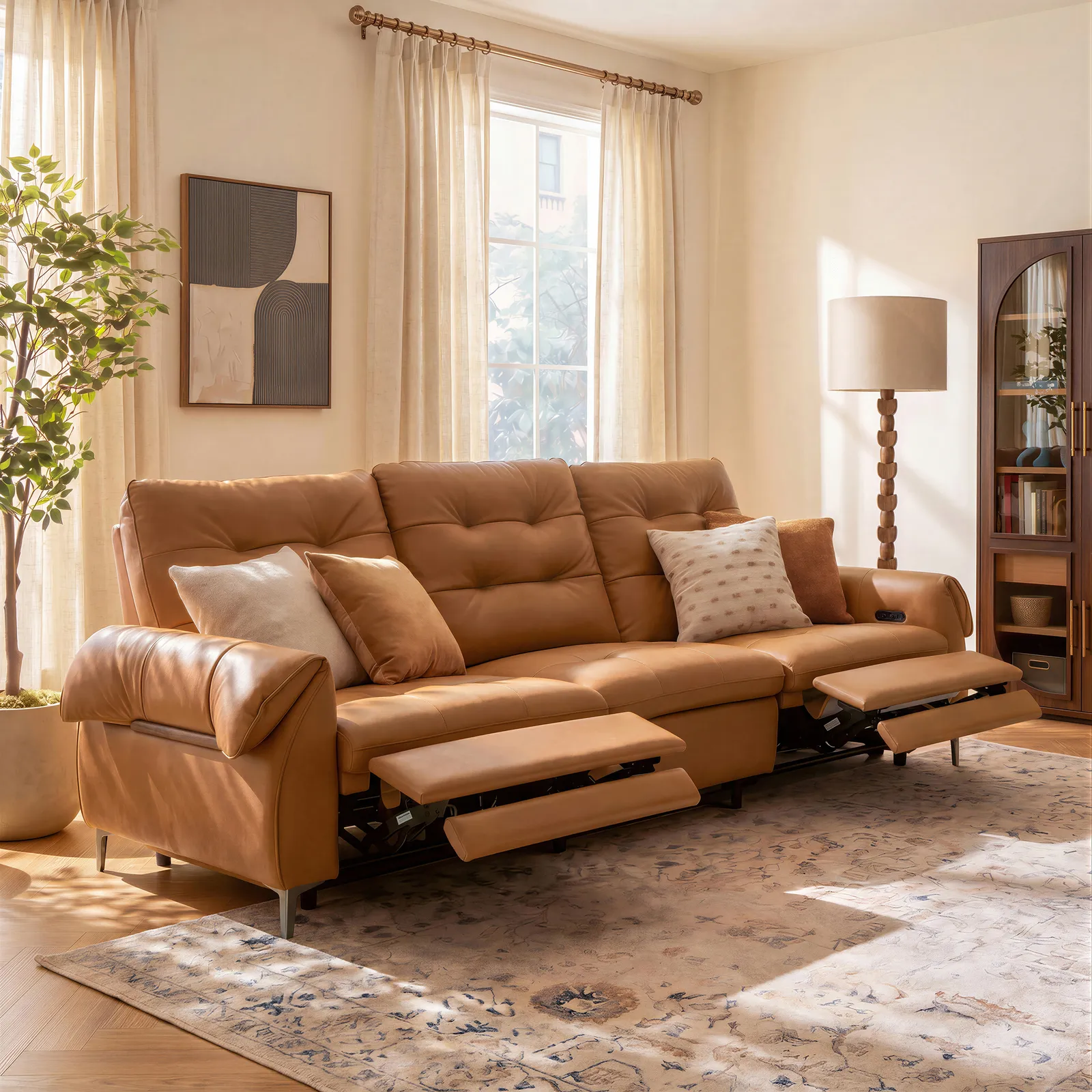 299cm 3-Seater Genuine Leather Power Reclining Sofa with USB & USB-C Charging Ports