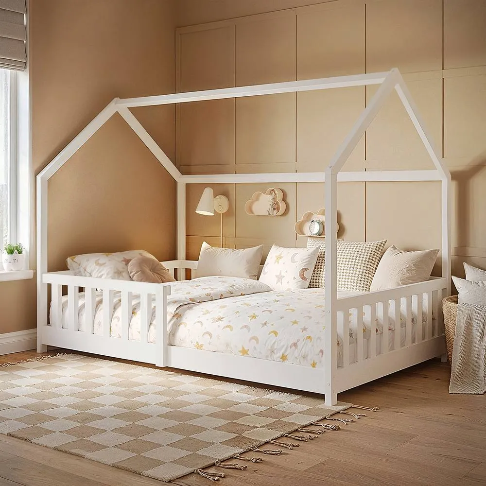 Flair Explorer Small Double Play House Floor Bed with Rails Wooden White