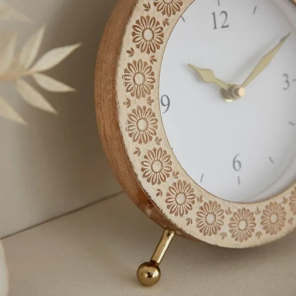 Carved Mango Wood Round Mantel Clock 2