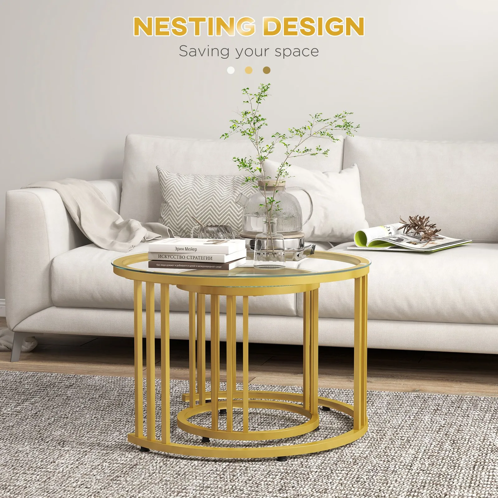 HOMCOM Set of 2 Nest of Tables Round Coffee Tables with Tempered Glass Top in Gold 4