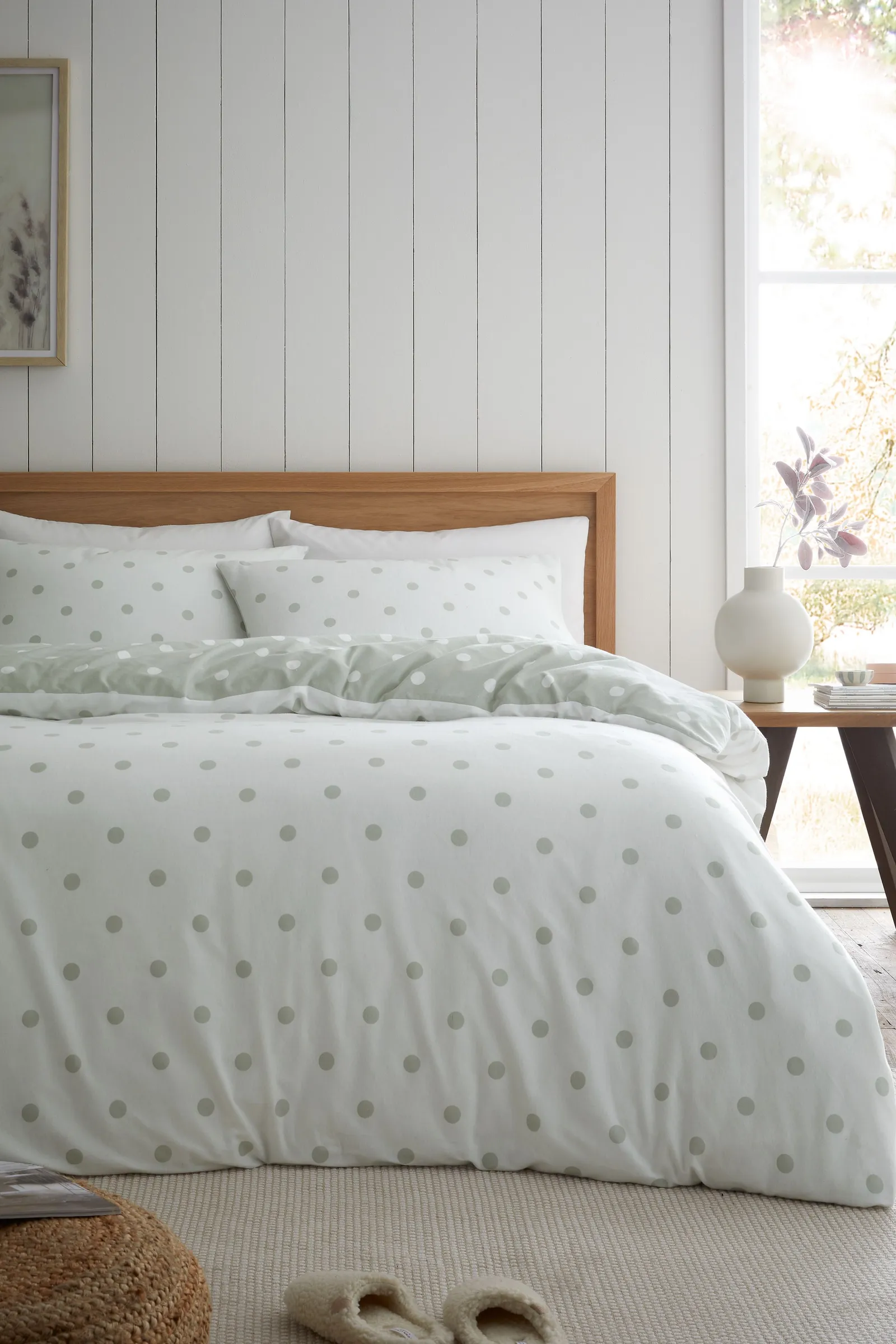 Catherine Lansfield 'Brushed Polka Dot' Cotton Reversible Duvet Cover Set in Green 2