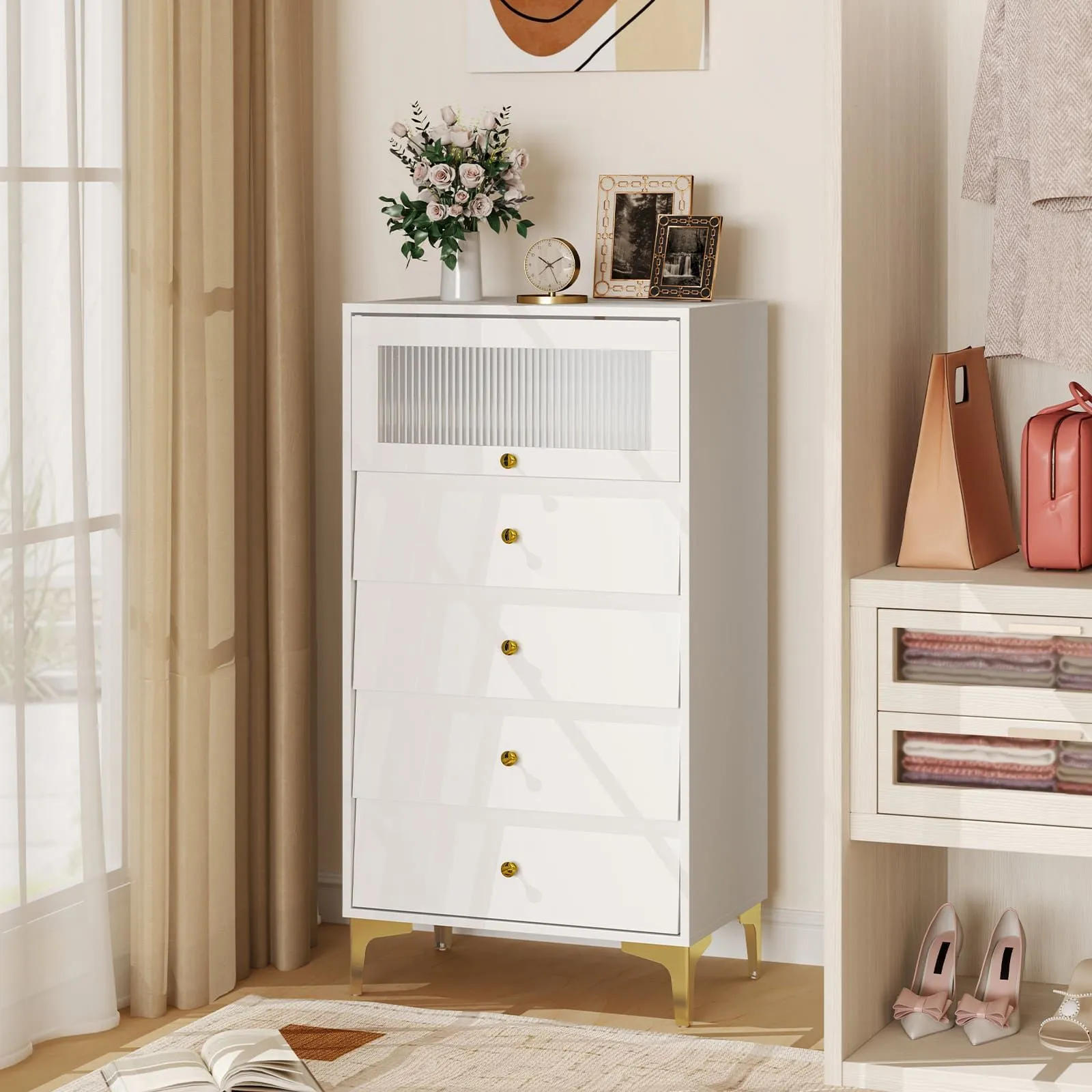 Costway 4 Drawer Dresser Modern Storage Cabinet w/ Flip Up Fluted Glass Door in Grey 5