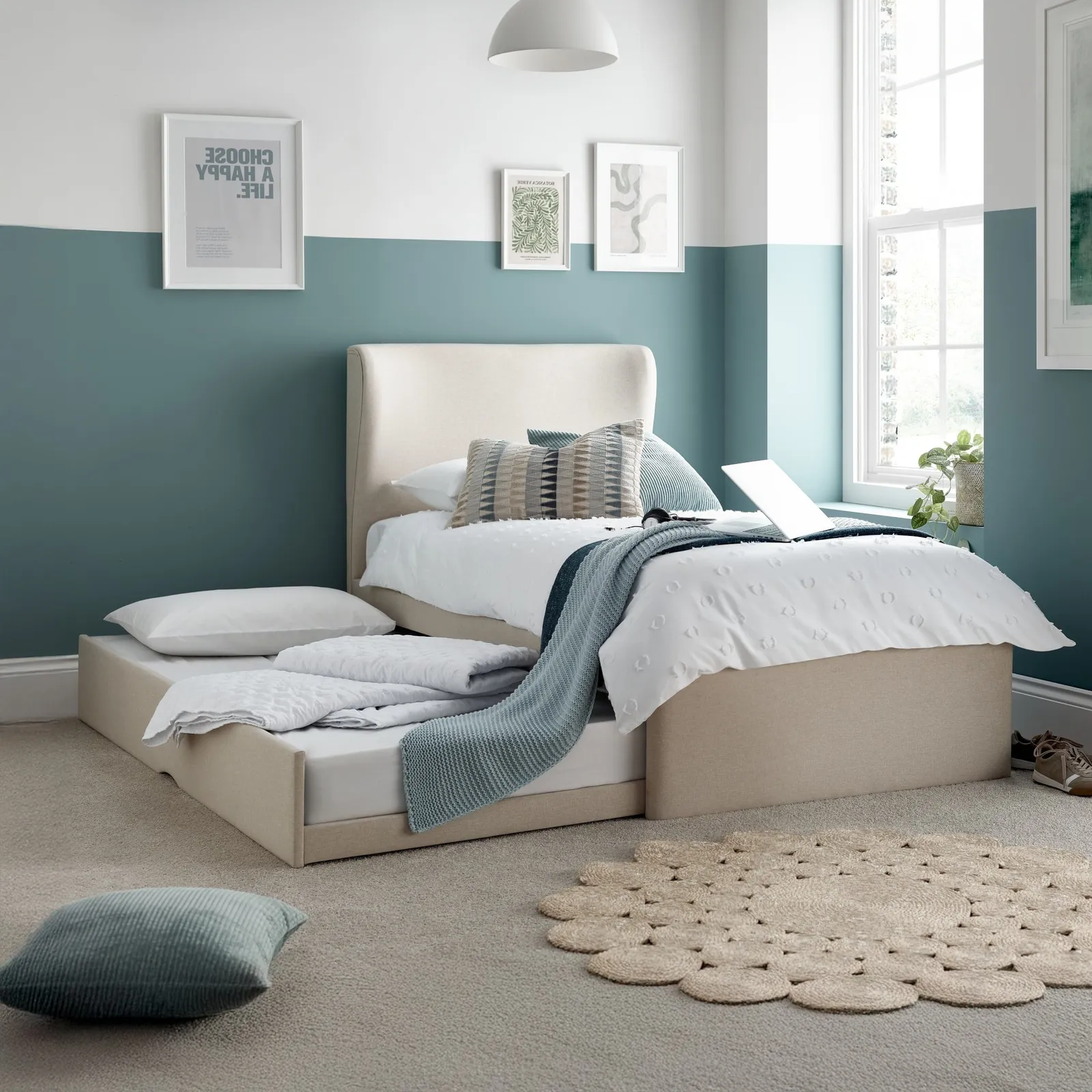Una - Single - Guest Bed with Trundle - Warm Stone - Fabric - 3ft - Happy Beds