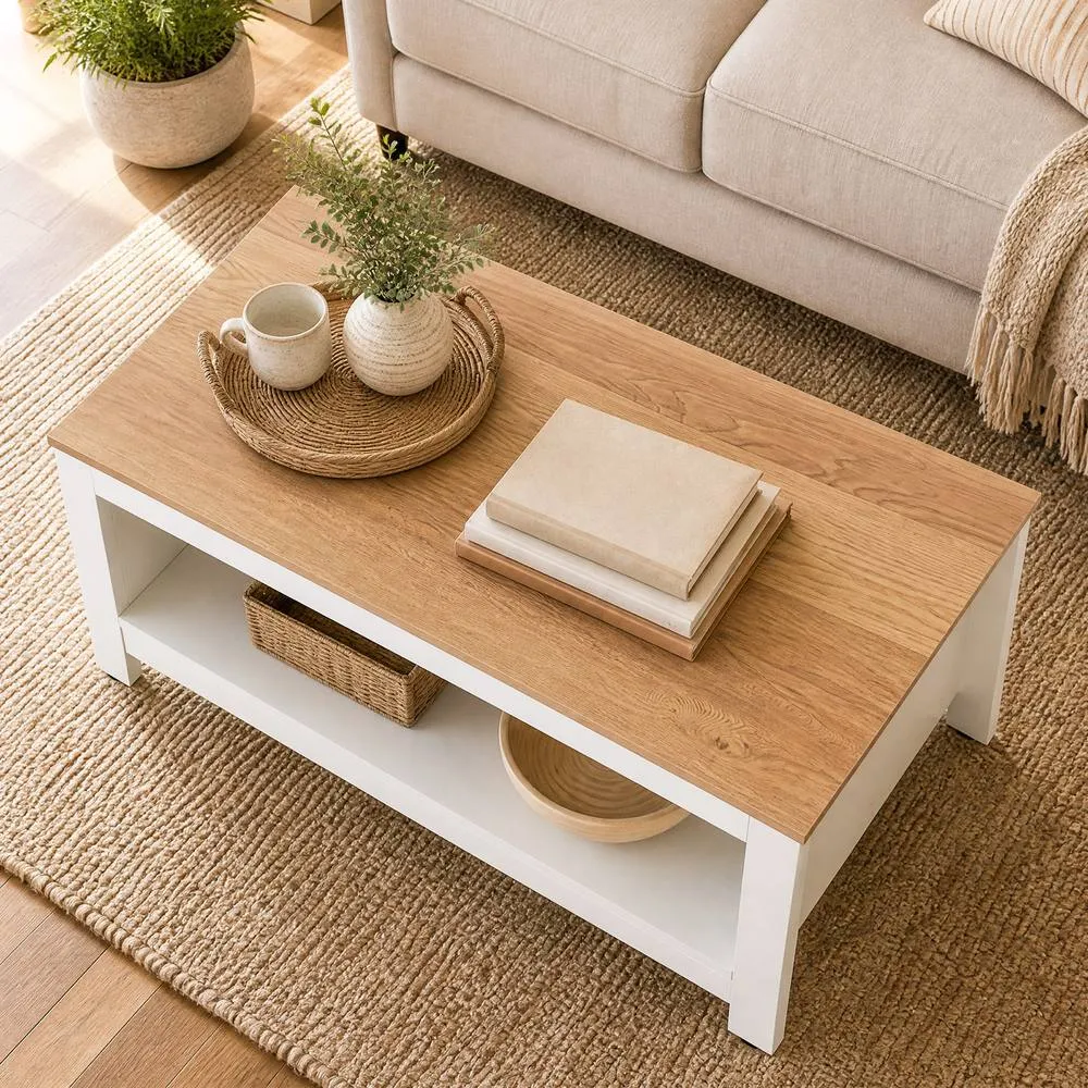 Costway 2 Tier Coffee Table Natural & White Center Table for Living Room 5