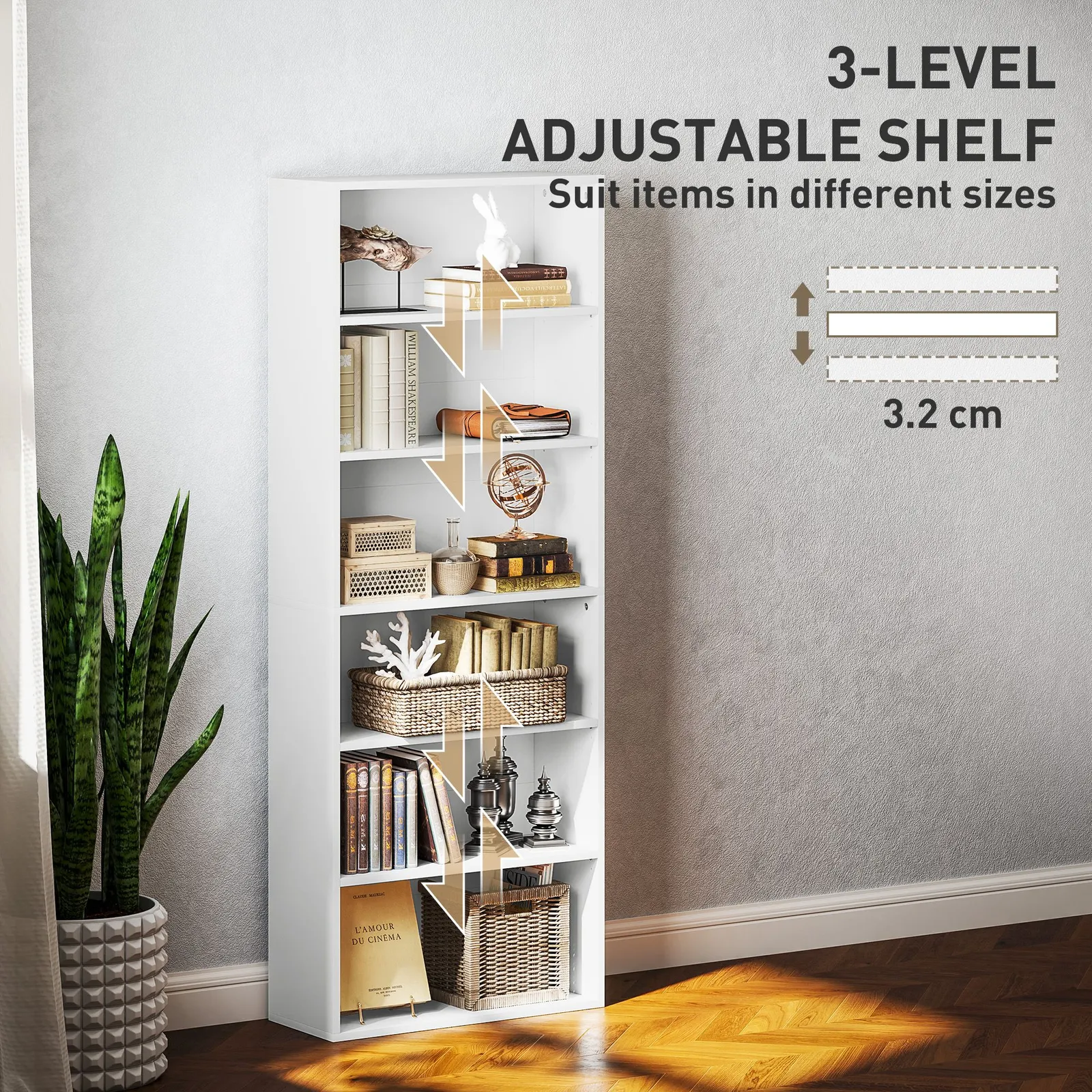 HOMCOM 6 Tier Bookshelf, Freestanding Bookcase with Adjustable Shelves, White 5