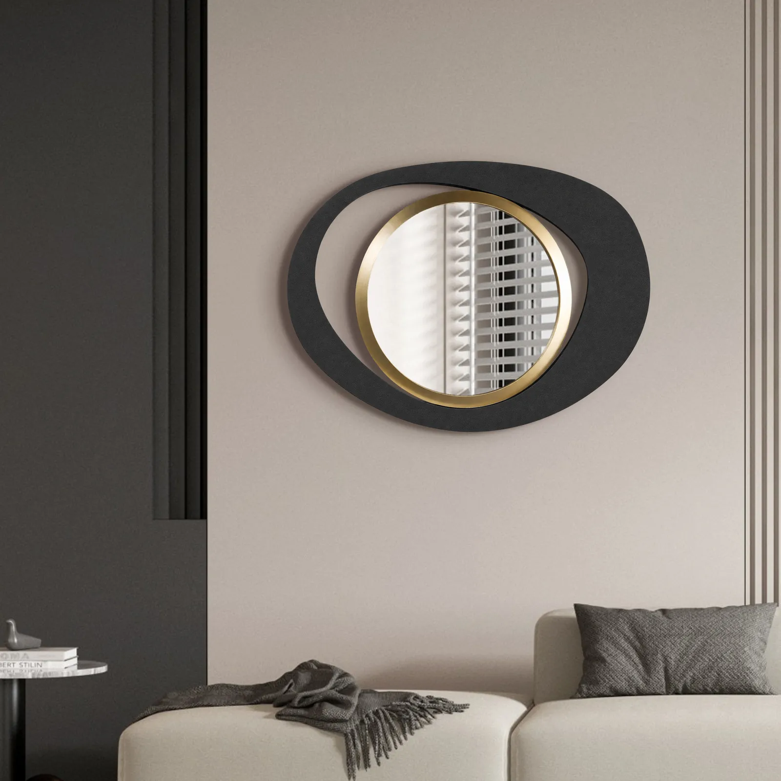Abstract Wall Mirror, Matte Black and Gold, Horizontal or Vertical