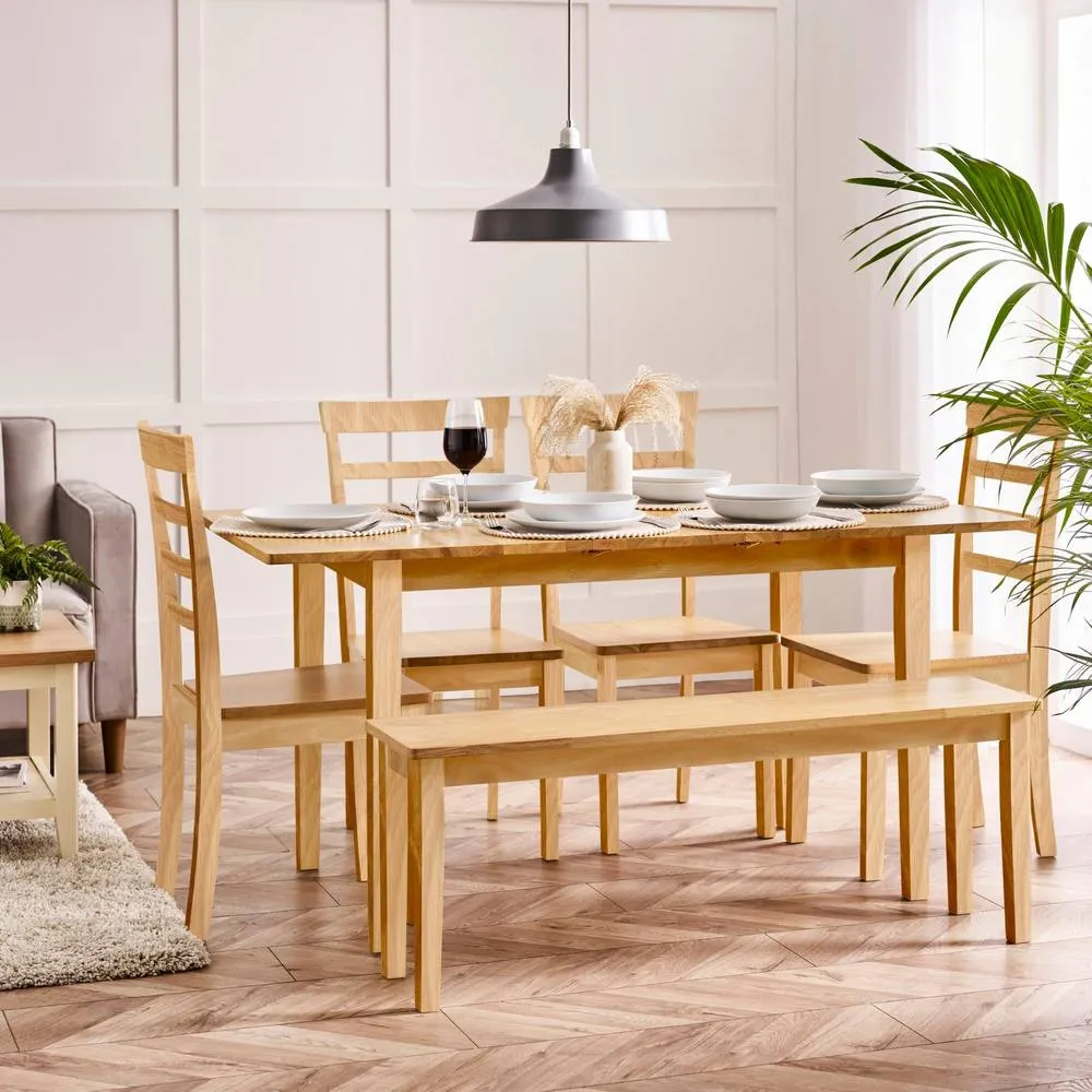 FurnitureboxUK Salcombe Extending Oak Effect Table with 4 Chairs & 1 Large Bench in Brown