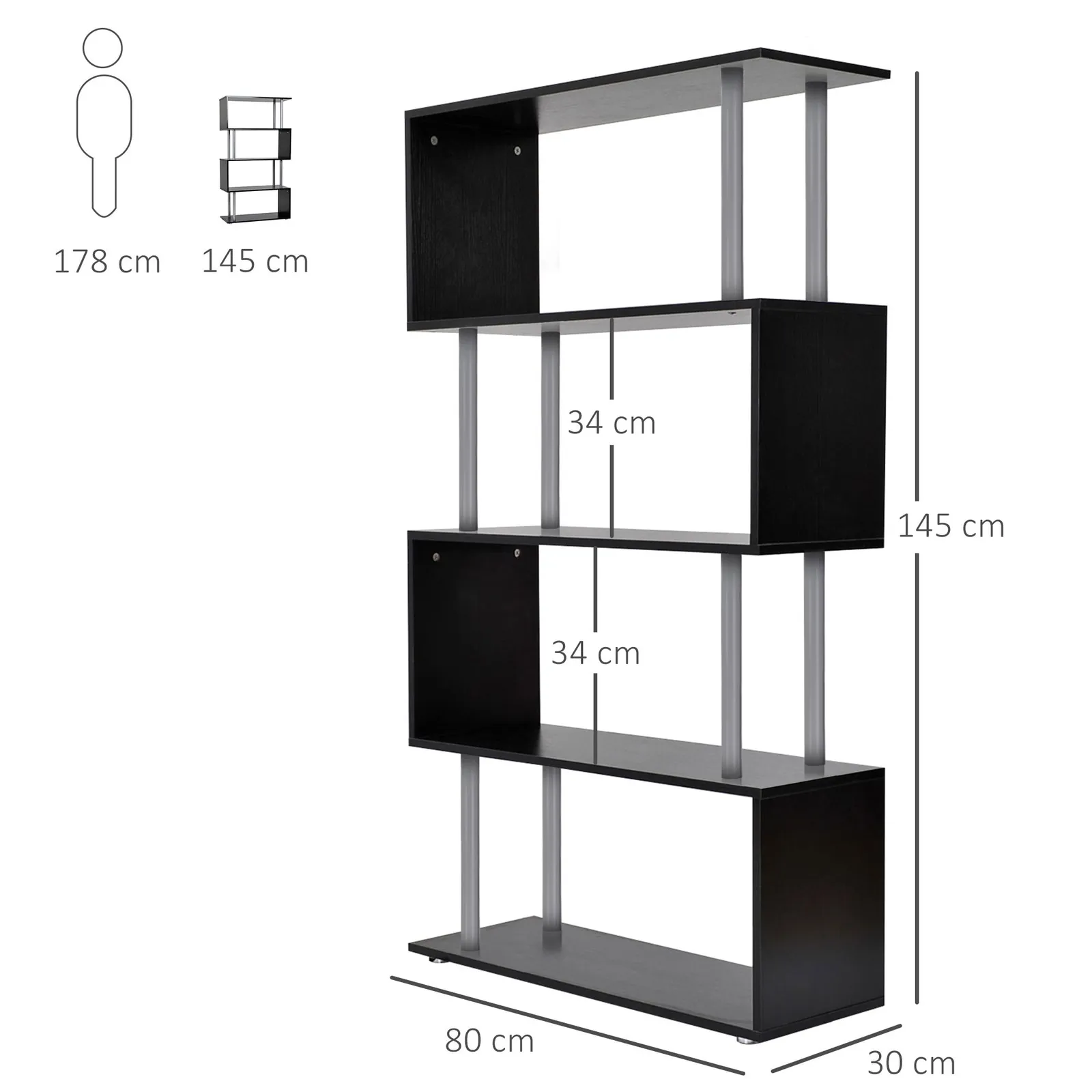 HOMCOM Wooden Storage Display Unit Bookshelf Bookcase Dividers S Shaped in Black 3