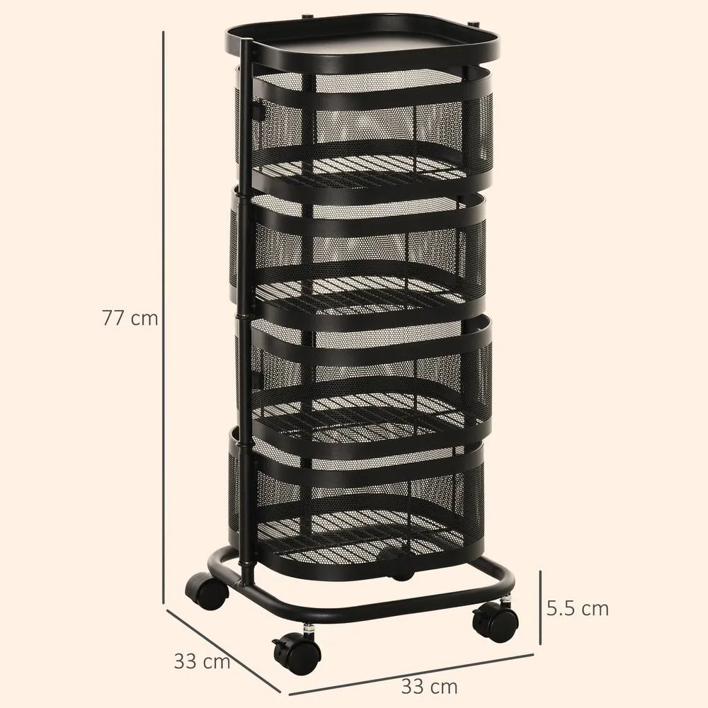 HOMCOM Metal Storage Cart with Top Tray & 4 Mesh Baskets, Black 3