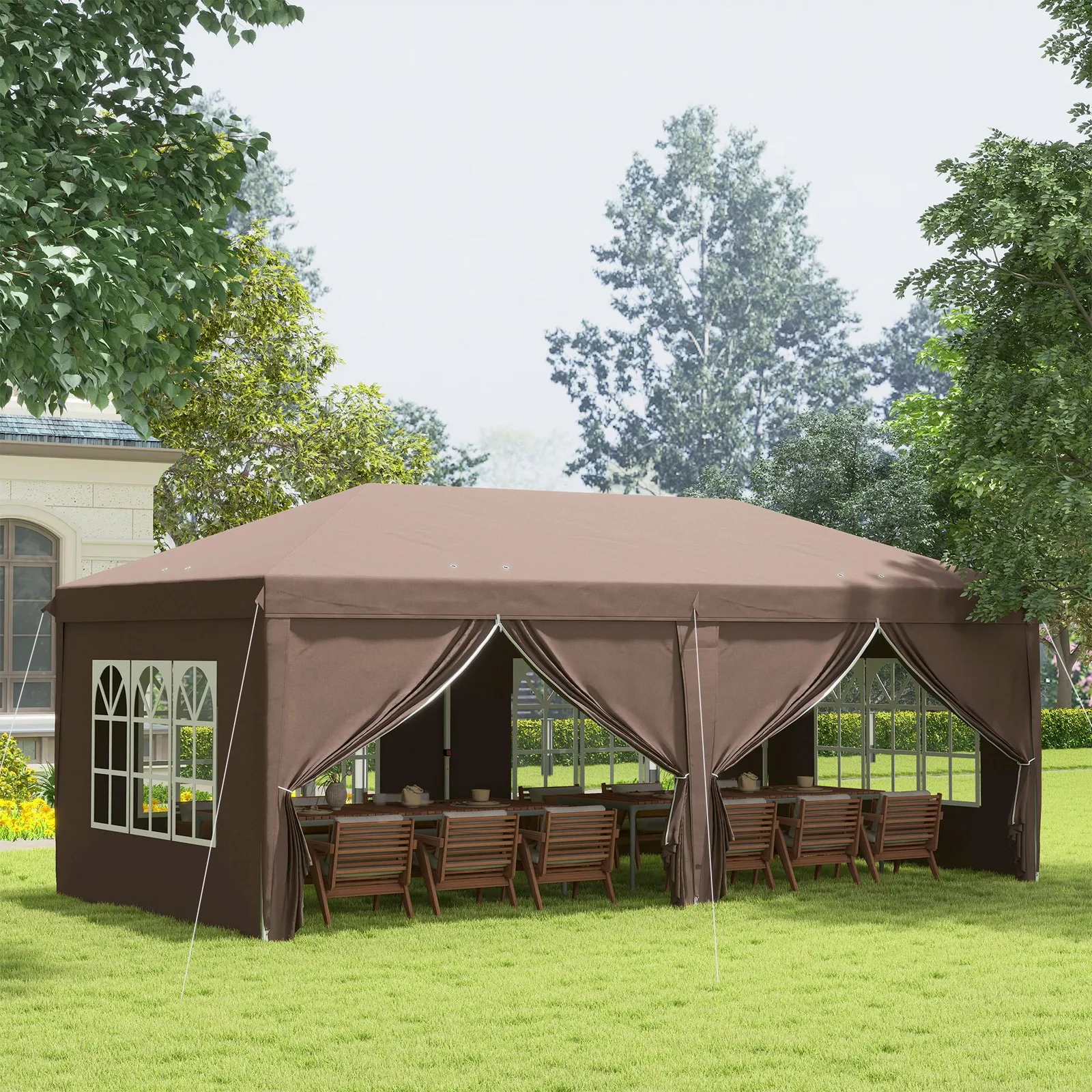 OUTSUNNY 3 x 6 m Pop Up Gazebo with Sides & Windows in Brown