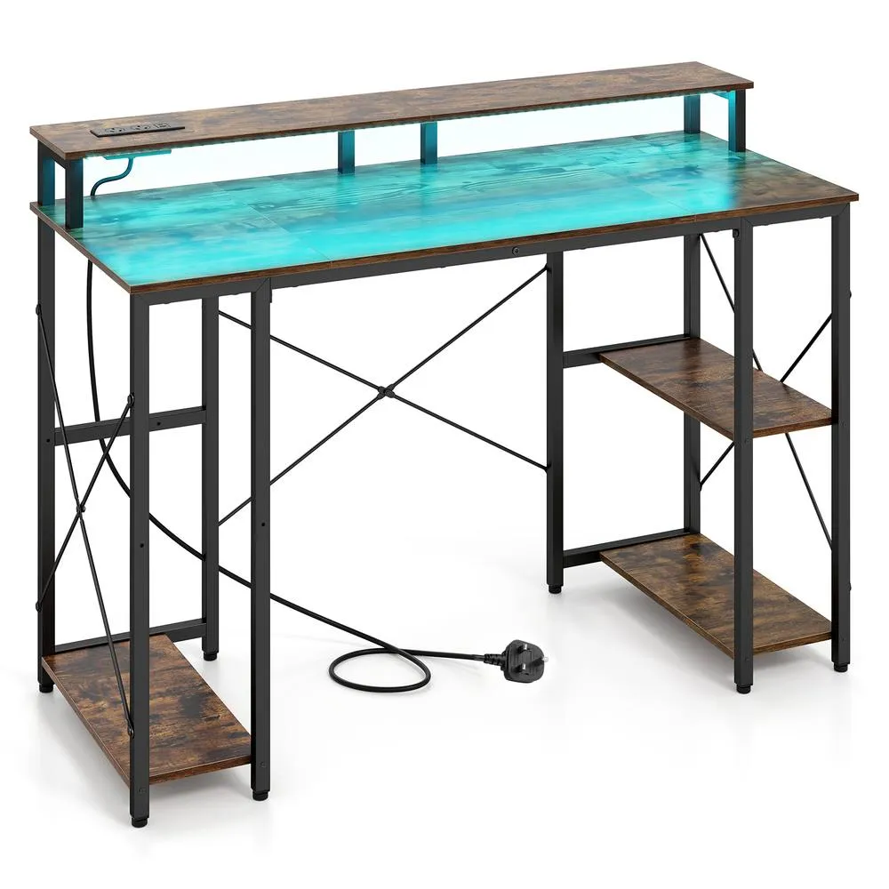 Costway 120cm Desk w/ Charging Station & LED Lights Gaming Table in Brown 5