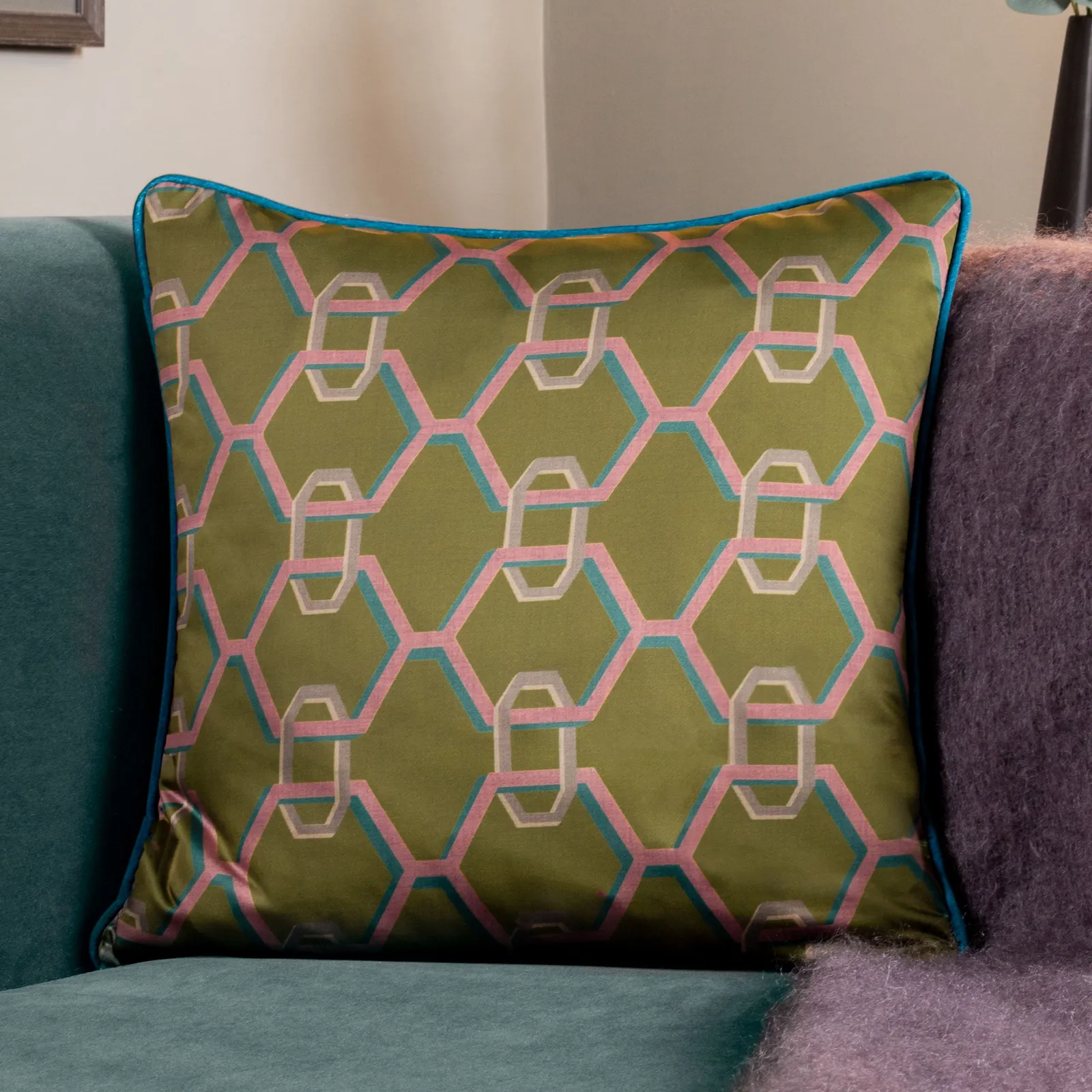 Paoletti Carnaby Chain Geometric Satin Cushion in Olive