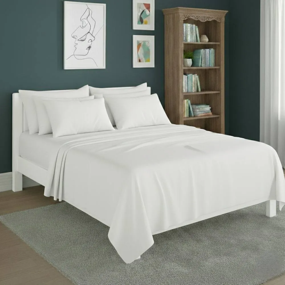 Snug City Plain Poly Cotton Easy Care Fitted Flat Sheet Matching Pillowcases Set in White