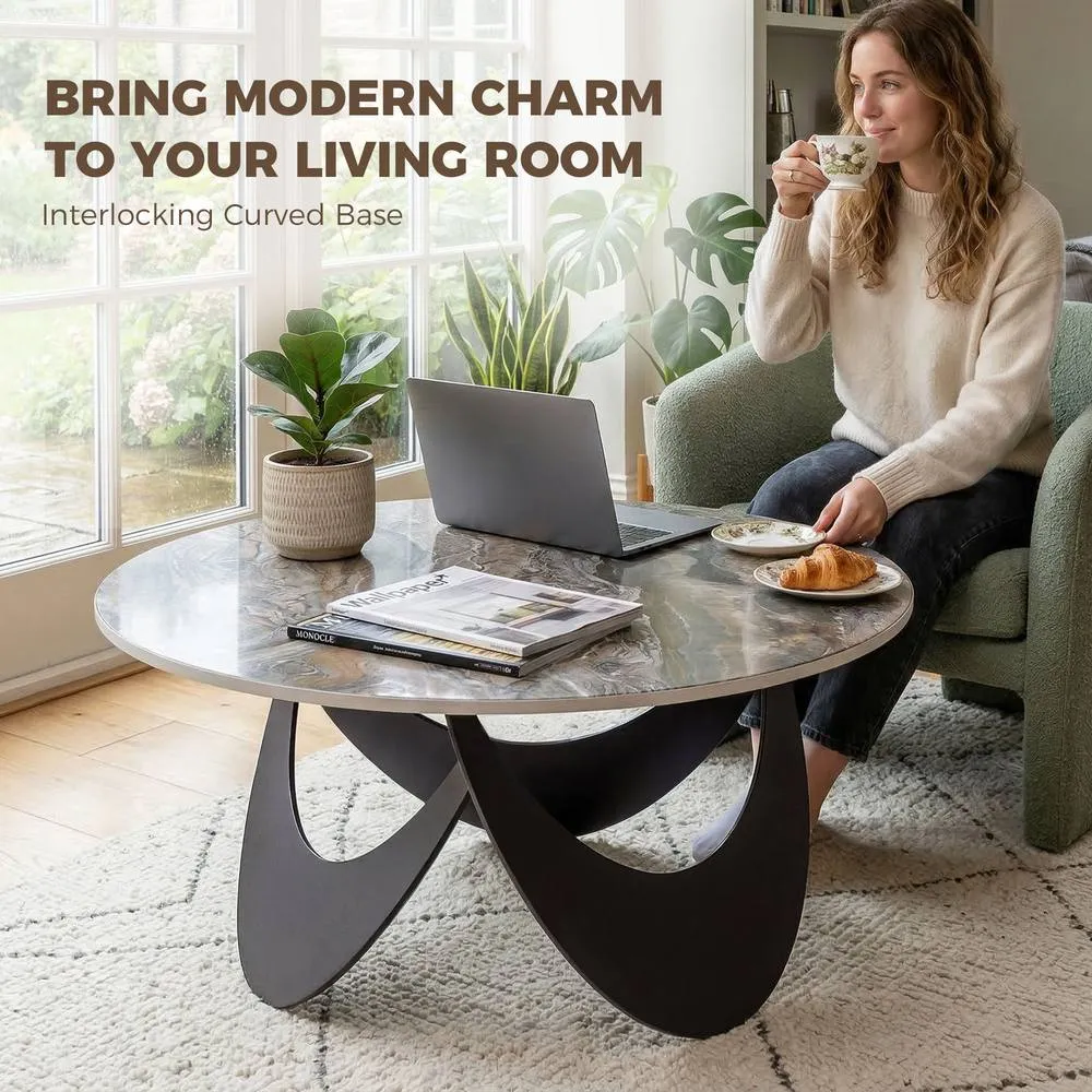 HOMCOM Coffee Table Sintered Stone Top Brown & Black 4