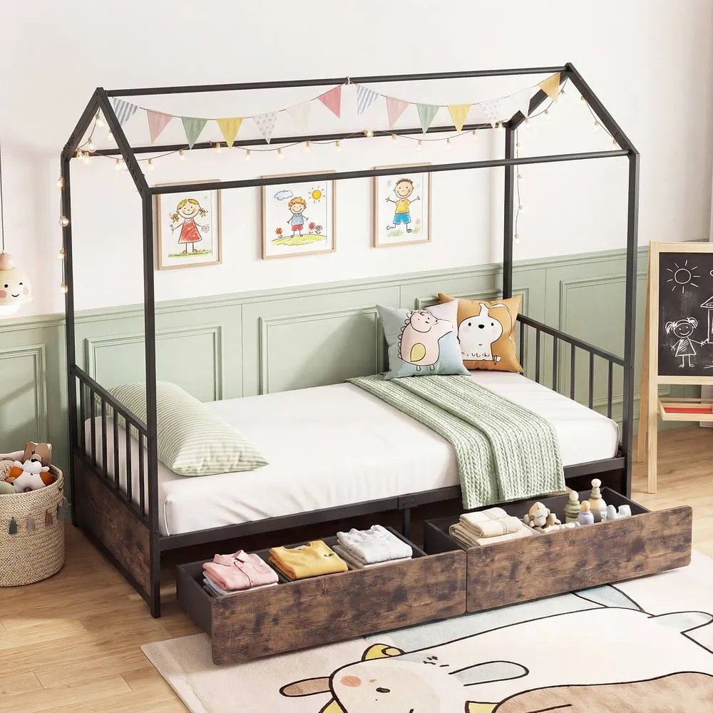 Costway Single Size Bed Frame w/2 Drawers Platform Bed w/Headboard & Footboard in Brown