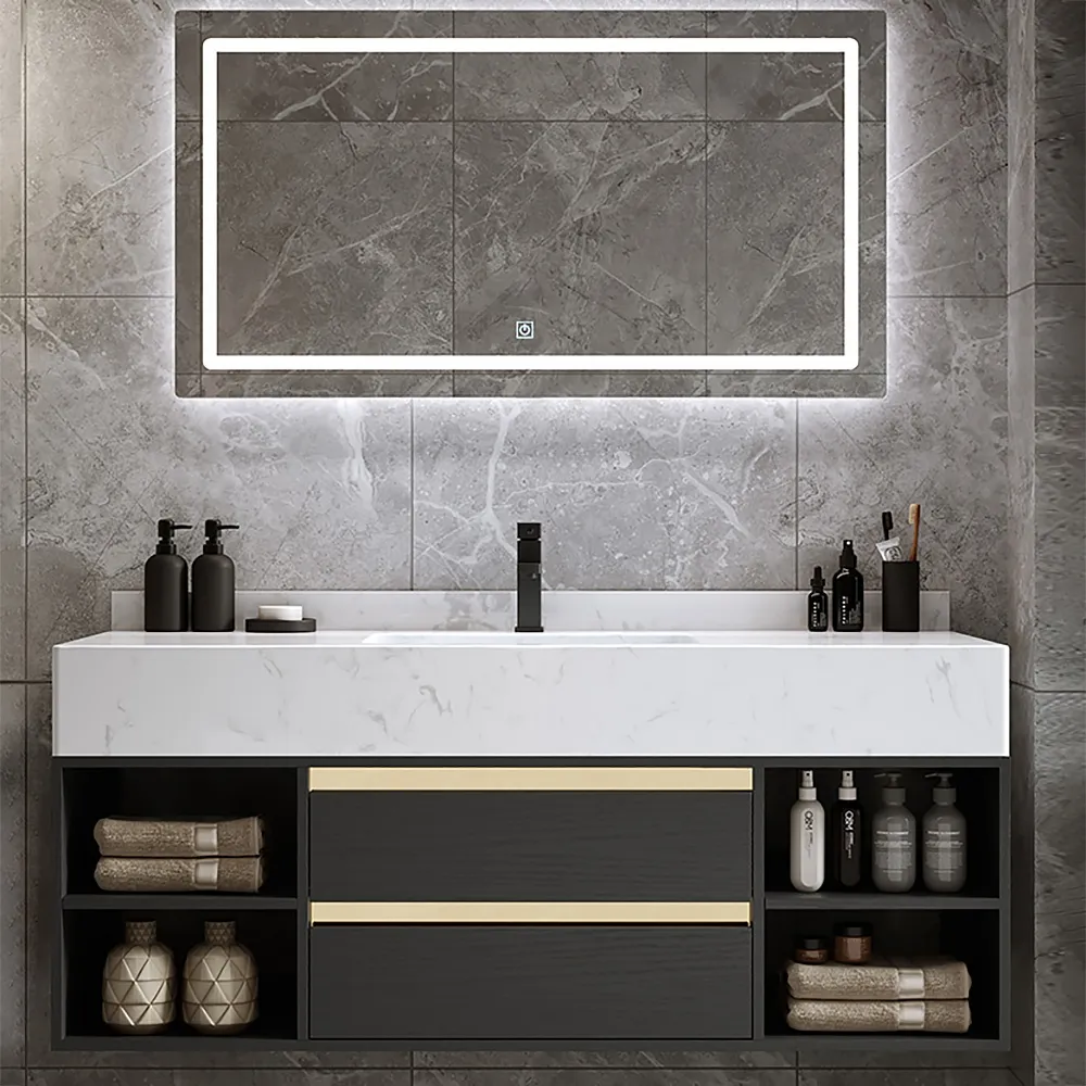 100 cm Floating Bathroom Vanity Set Cultured Marble Black with Ceramic Sink & 2 Drawers