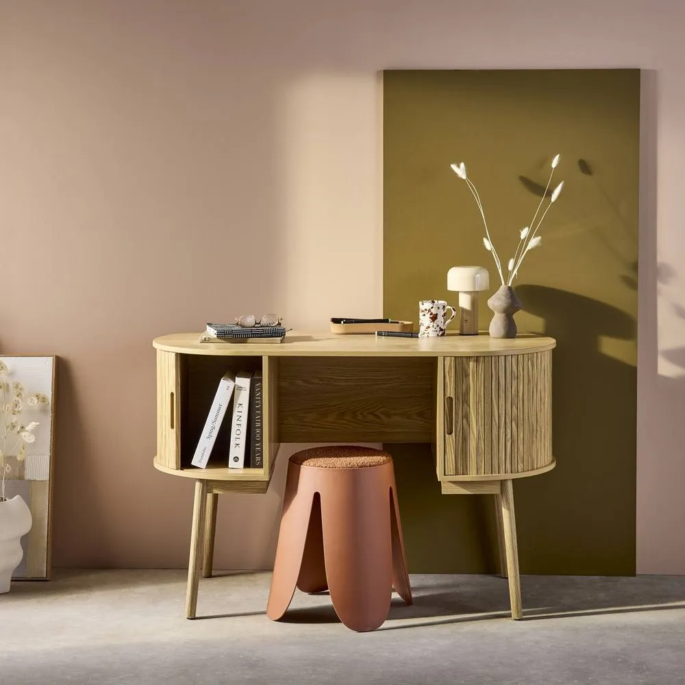 sweeek 120cm Grooved Wooden-effect Oval Desk With Two Storage Spaces in Light Brown 6