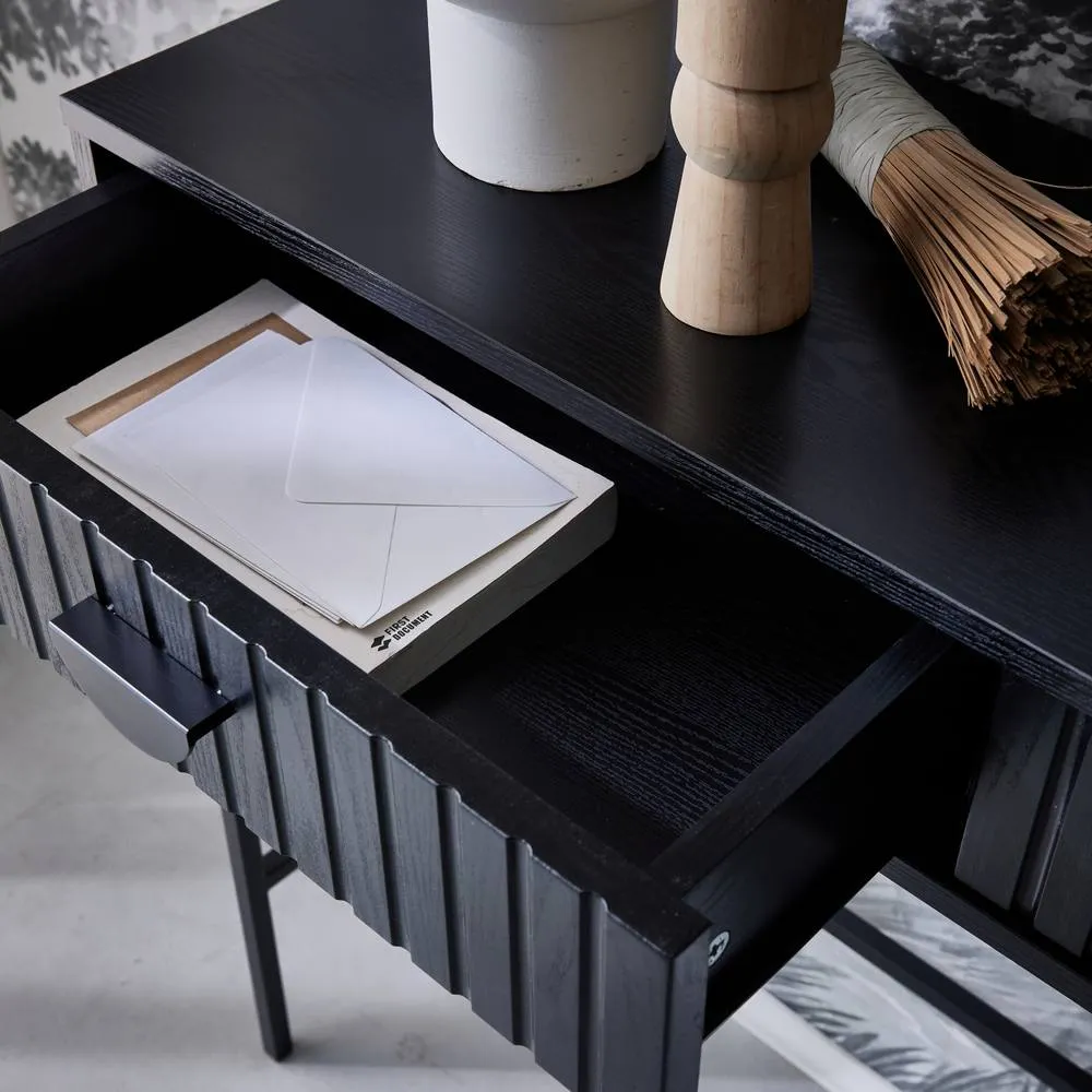 sweeek 100cm Console With Grooved Wood Decor & 2 Drawers in Black 4