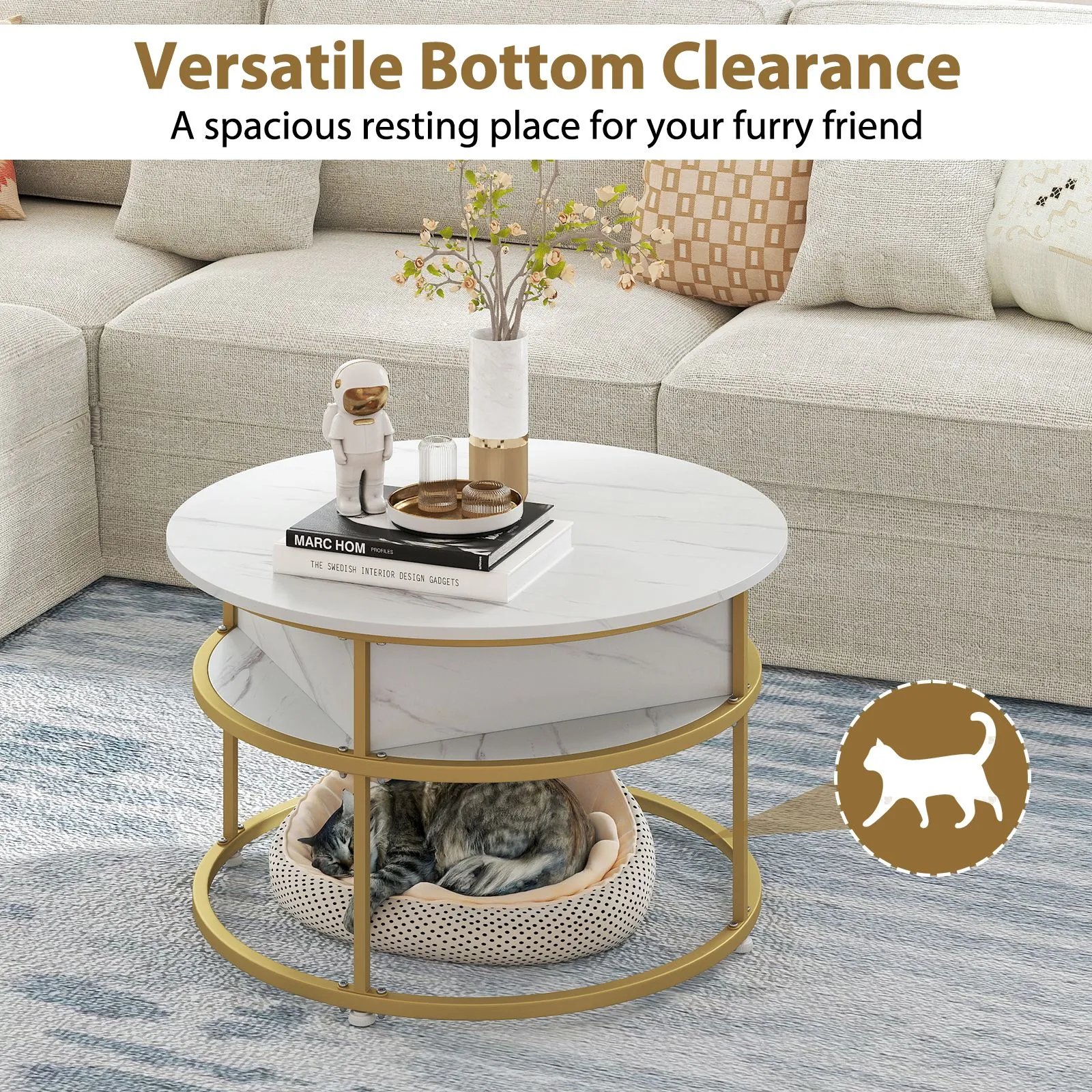 Costway Lift Top Coffee Table 80cm Round Center Table with Side Shelves in White 4