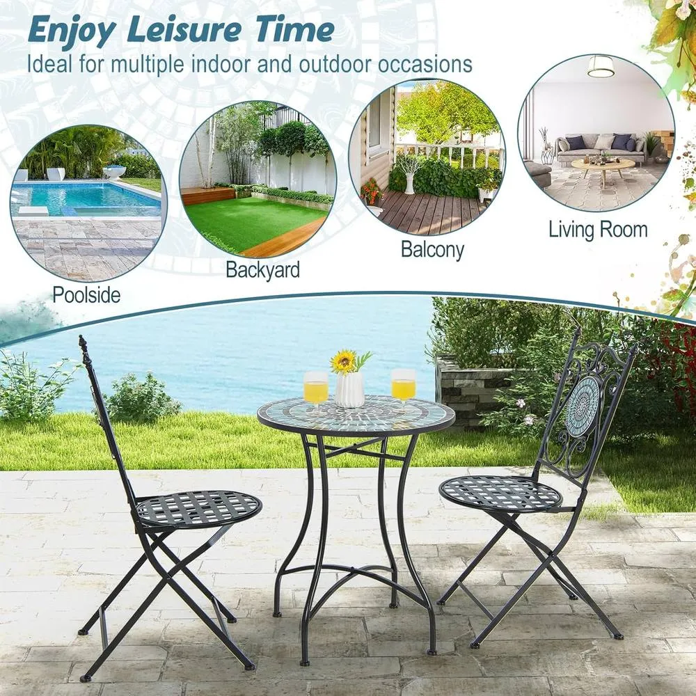 Costway Garden Side Table Metal Frame Round Mosaic Coffee Table Dining Table 4