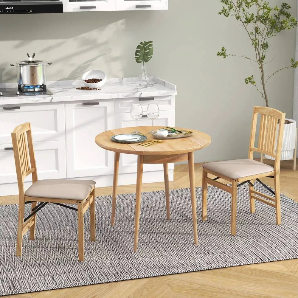 Costway Folding Dining Chairs Set of 2 Foldable Upholstered Kitchen Chairs in Beige 4
