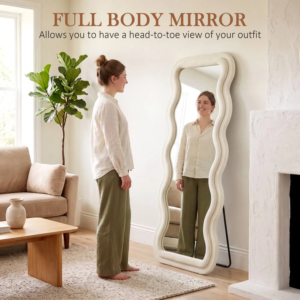 HOMCOM Full Length Mirror, 160 x 60 cm Velvet Wall Standing Mirror, Cream 5