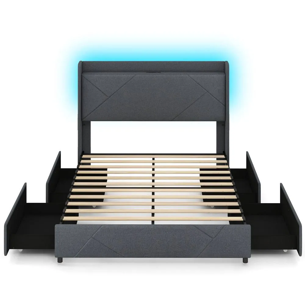 Costway King Size Bed Frame with RGB LED Lights Storage Headboard & 4 Drawers in Grey