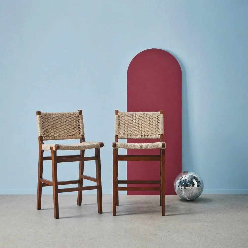 sweeek Set of 2 bar stools made of rubberwood with rope seating in Dark Brown 3
