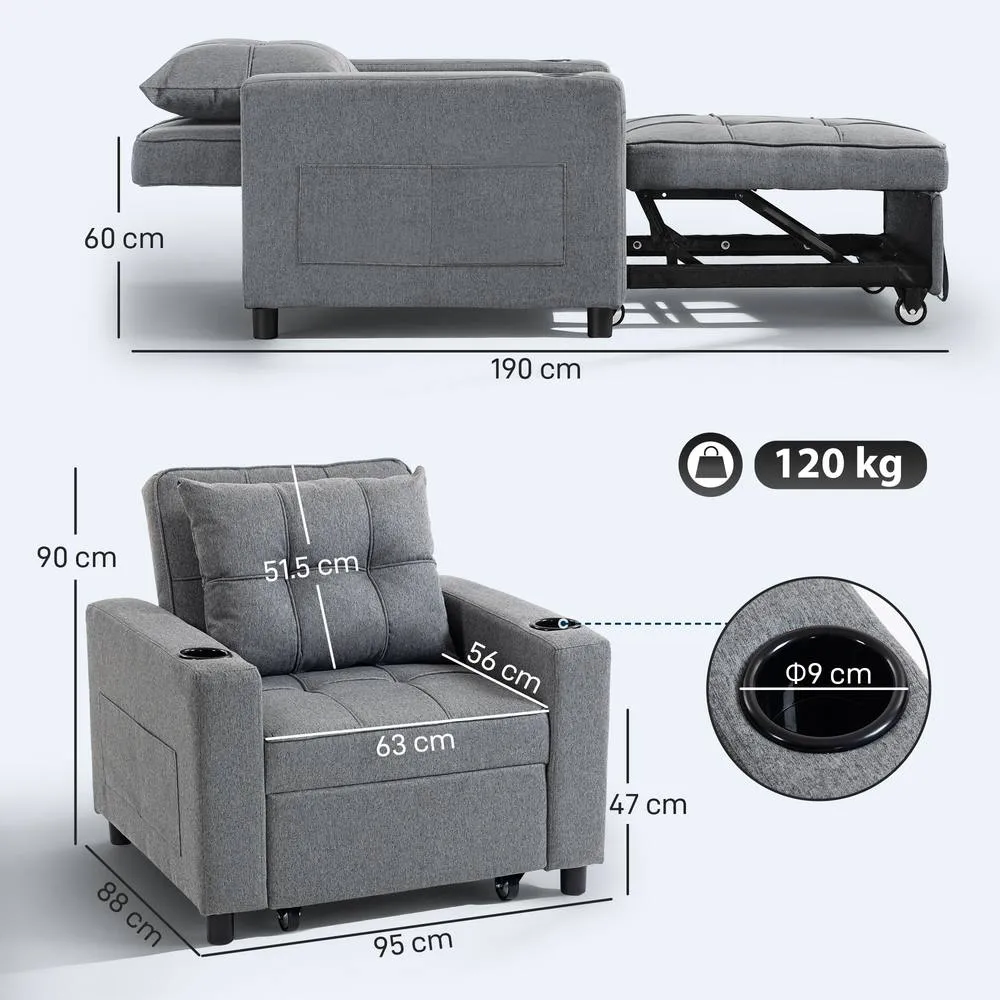 HOMCOM 3-in-1 Sofa Bed, Convertible Sleeper Chair with Adjustable Backrest in Dark Grey 3