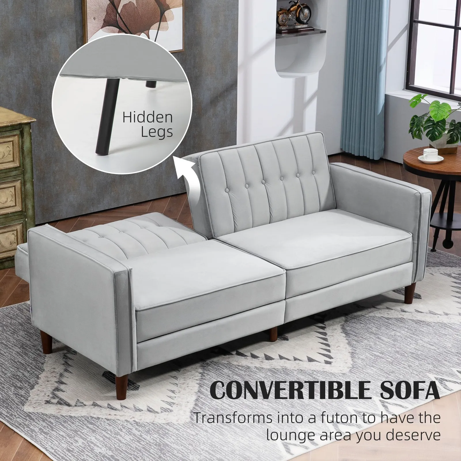 HOMCOM Convertible Sofa Futon Velvet-Touch Tufted Couch Sofa Bed Split Back in Light Grey 4