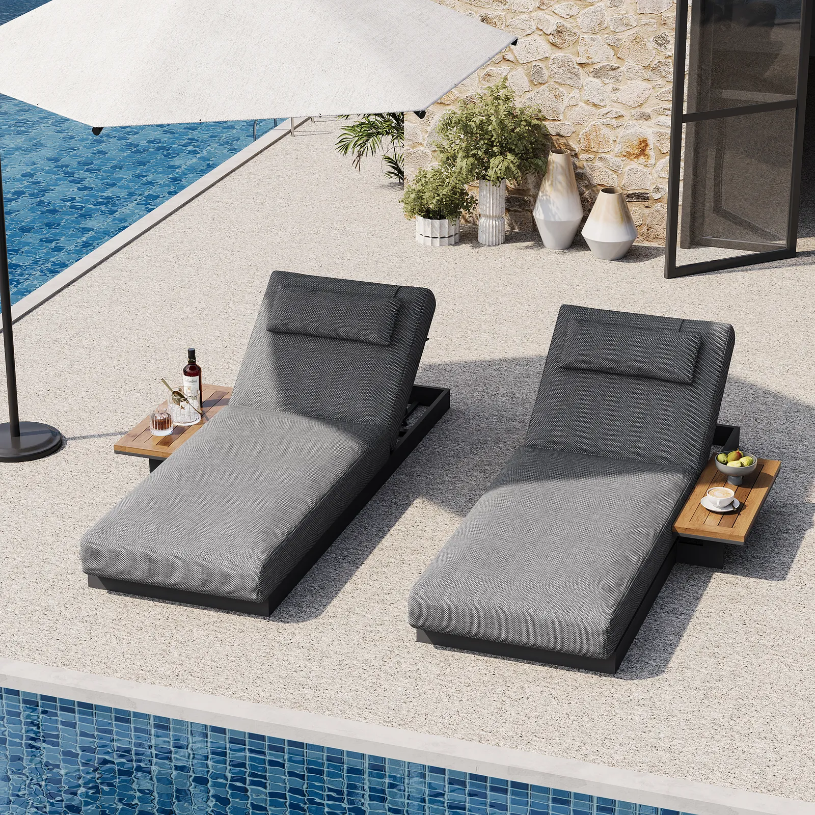Wood & Aluminium Garden Lounger Daybed Modern Yard & Patio Furniture in Grey Cushion & Pillow Included (1999 mm) Set of 2
