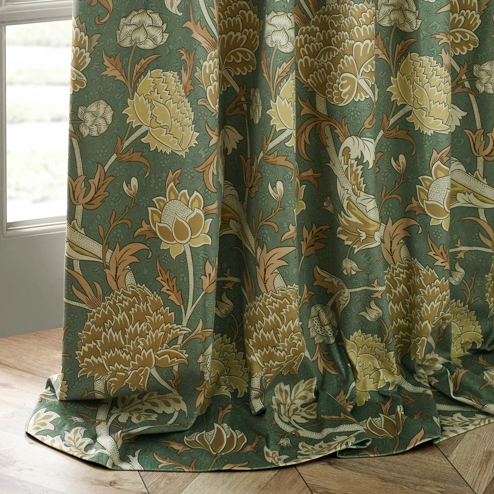 Morris & Co Cray Floral Velvet Room Darkening Pencil Pleat Curtains in Green 5