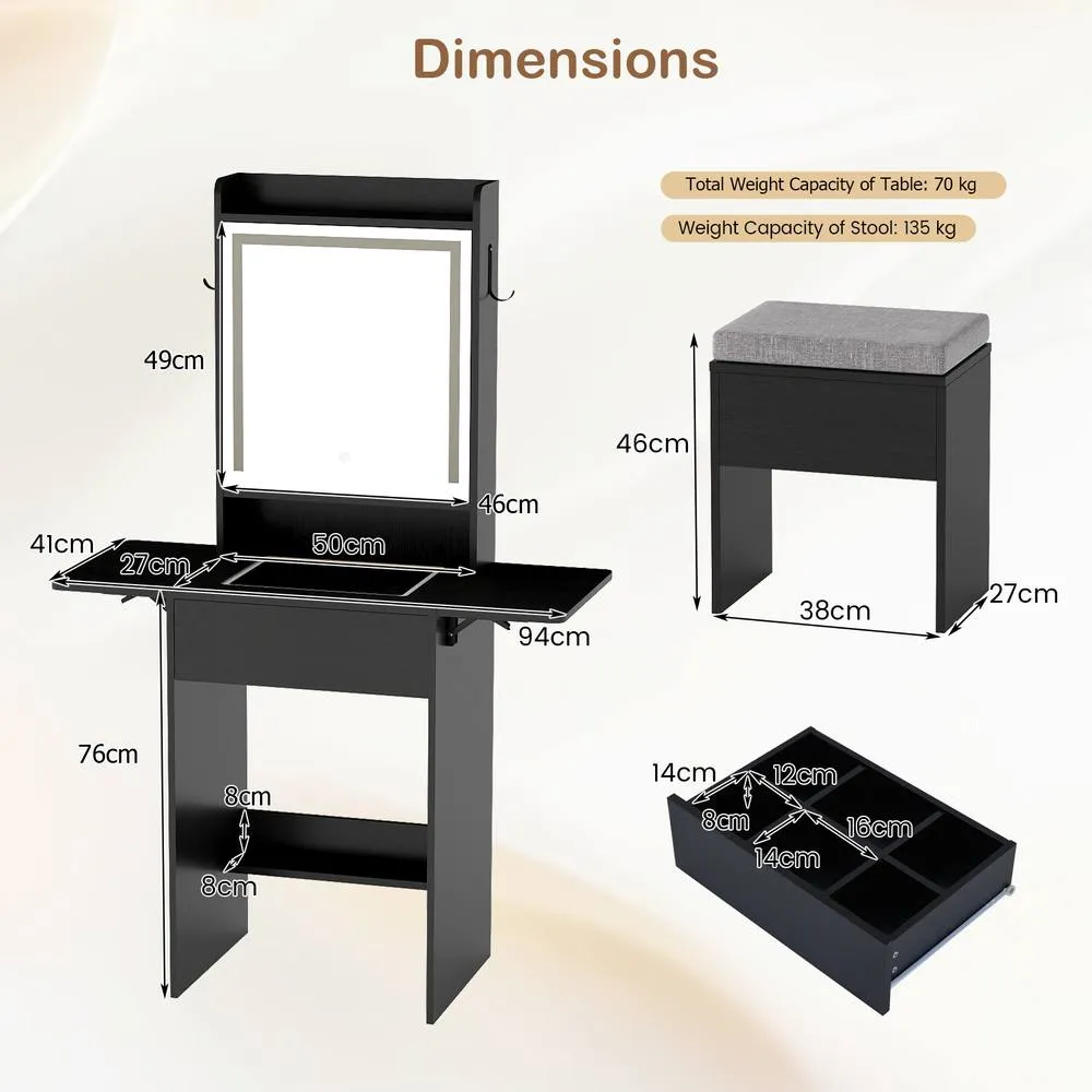 Costway Dressing Table & Stool Set Makeup Table w/LED Lights &Charging Station in Black 2