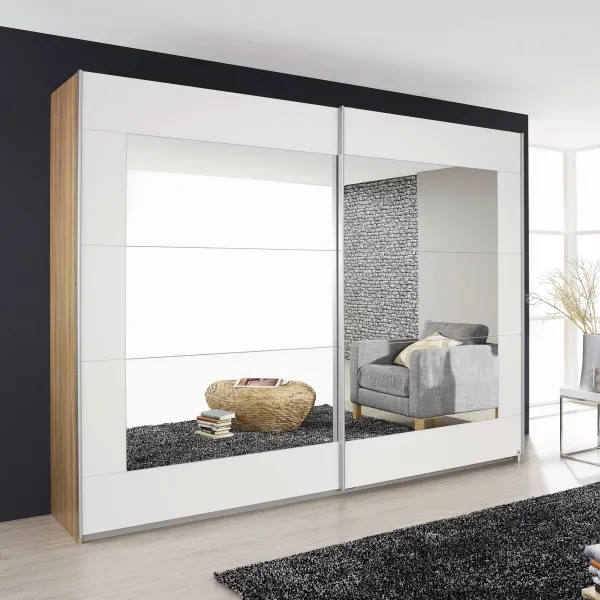 Sliding 2 Door Wardrobe With Large Mirrored Pannels - White / Light Brown - Barker & Stonehouse