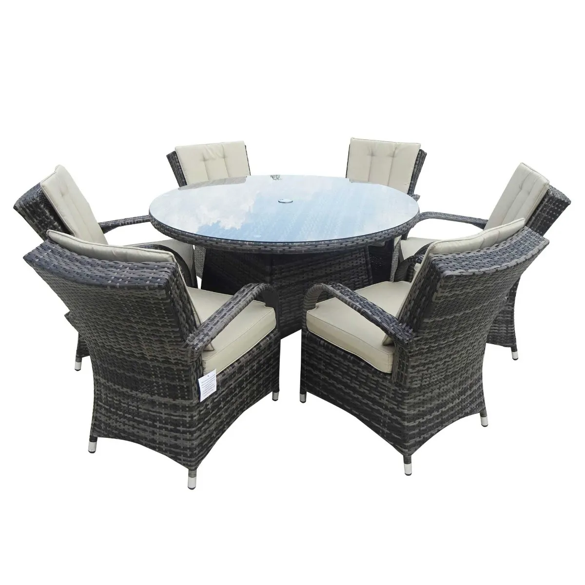 Grasmere 6 Seat Round Garden Set in Brown Weave and Beige Fabric