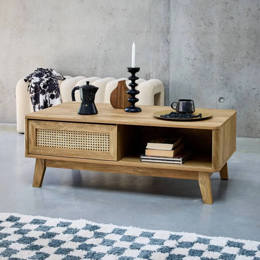 sweeek Coffee table with sliding door wood & cane effect in Beige 4