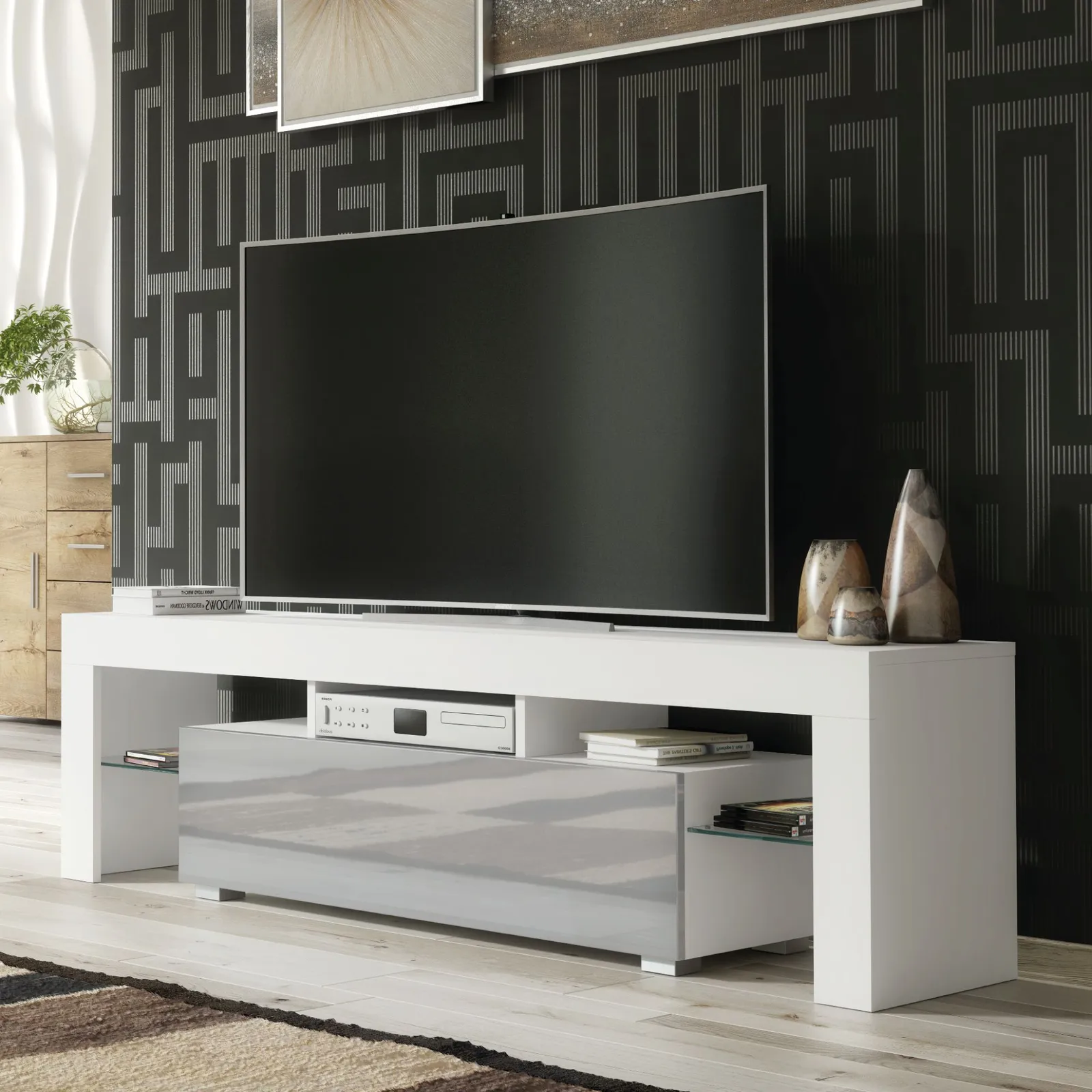 Creative Furniture TV Unit 160cm Stylish Modern - White with High Gloss Grey Doors 6