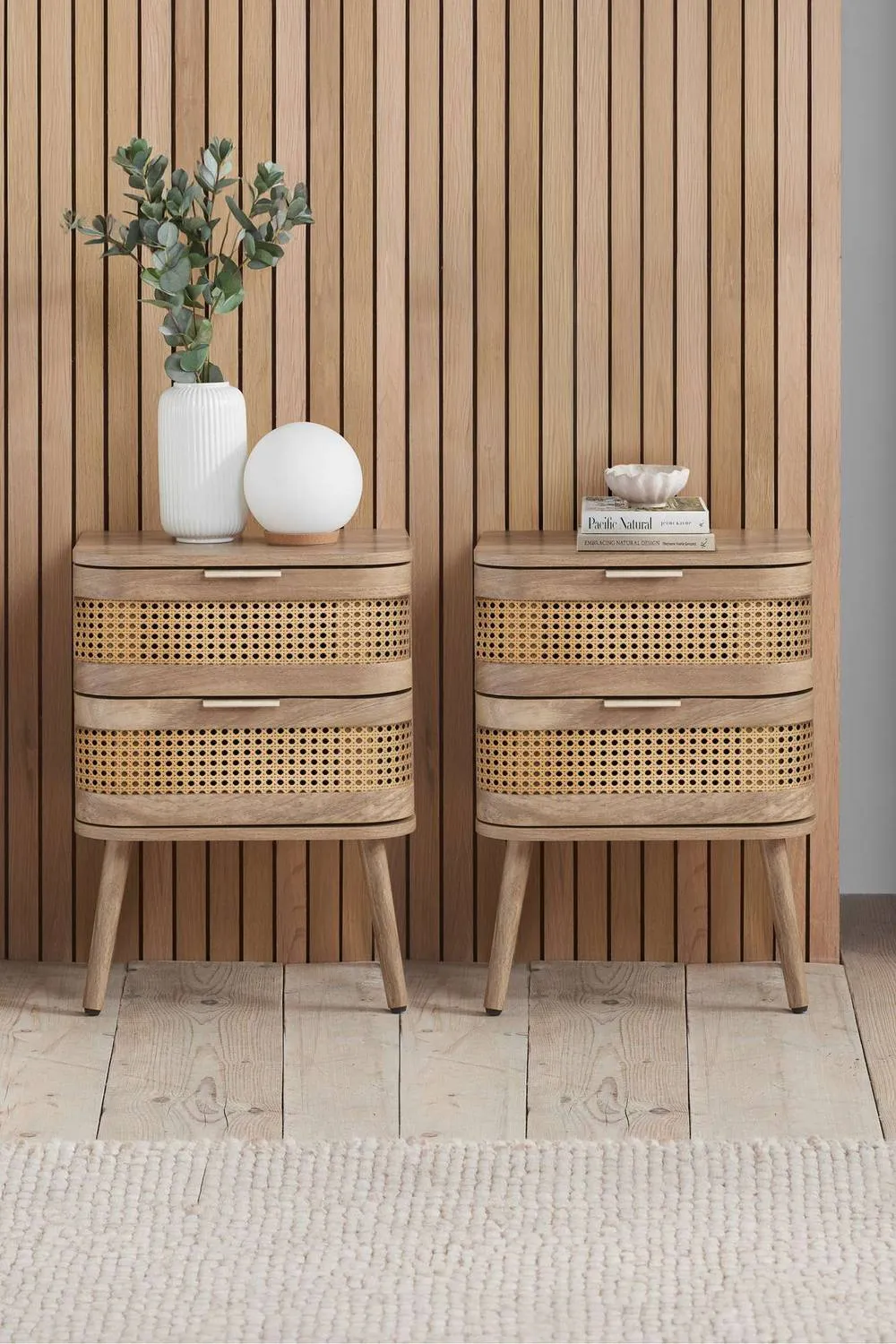 Birlea Pair of Rattan Bedside Cabinet 2 Drawer Oak Sark Side Table in Natural