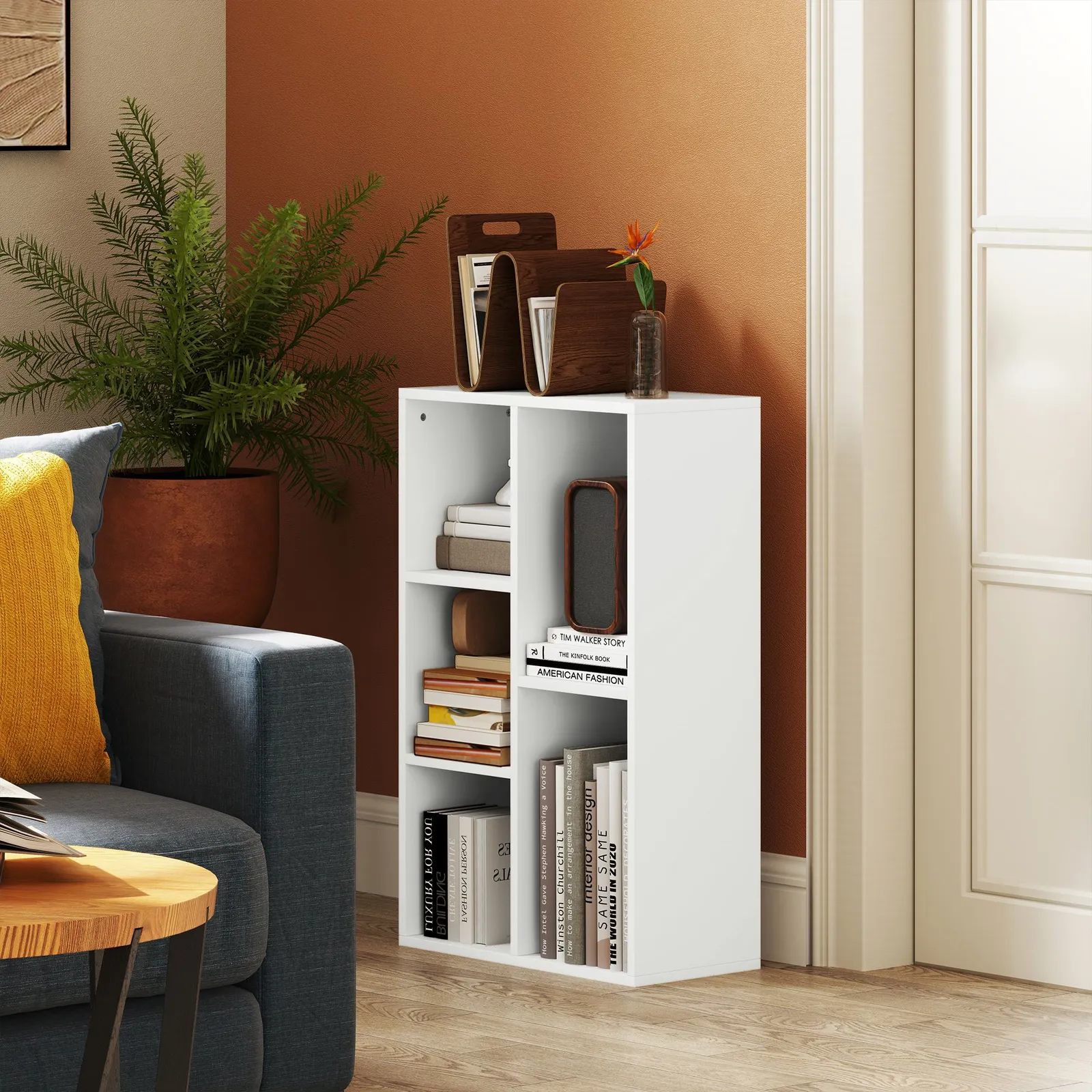 HOMCOM 2-Tier Bookshelf with 5 Open Storage Compartments in White