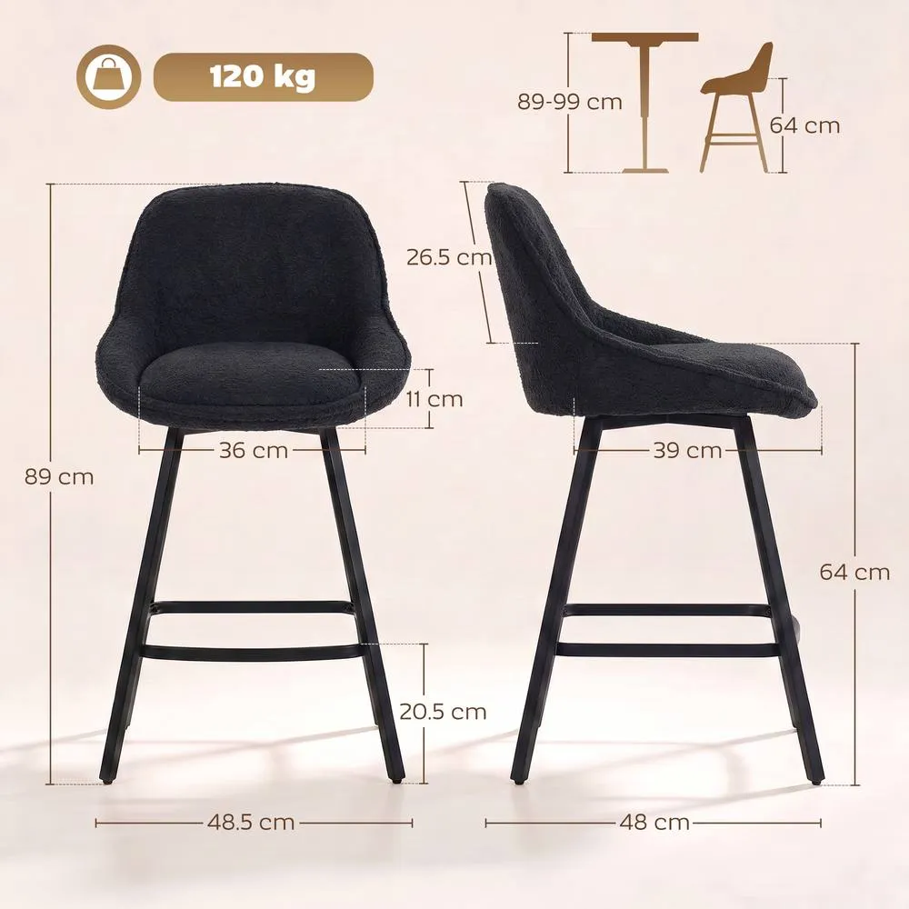 HOMCOM Bar Stools Set of 2, 360° Swivel, 64 cm Counter Height in Black 3