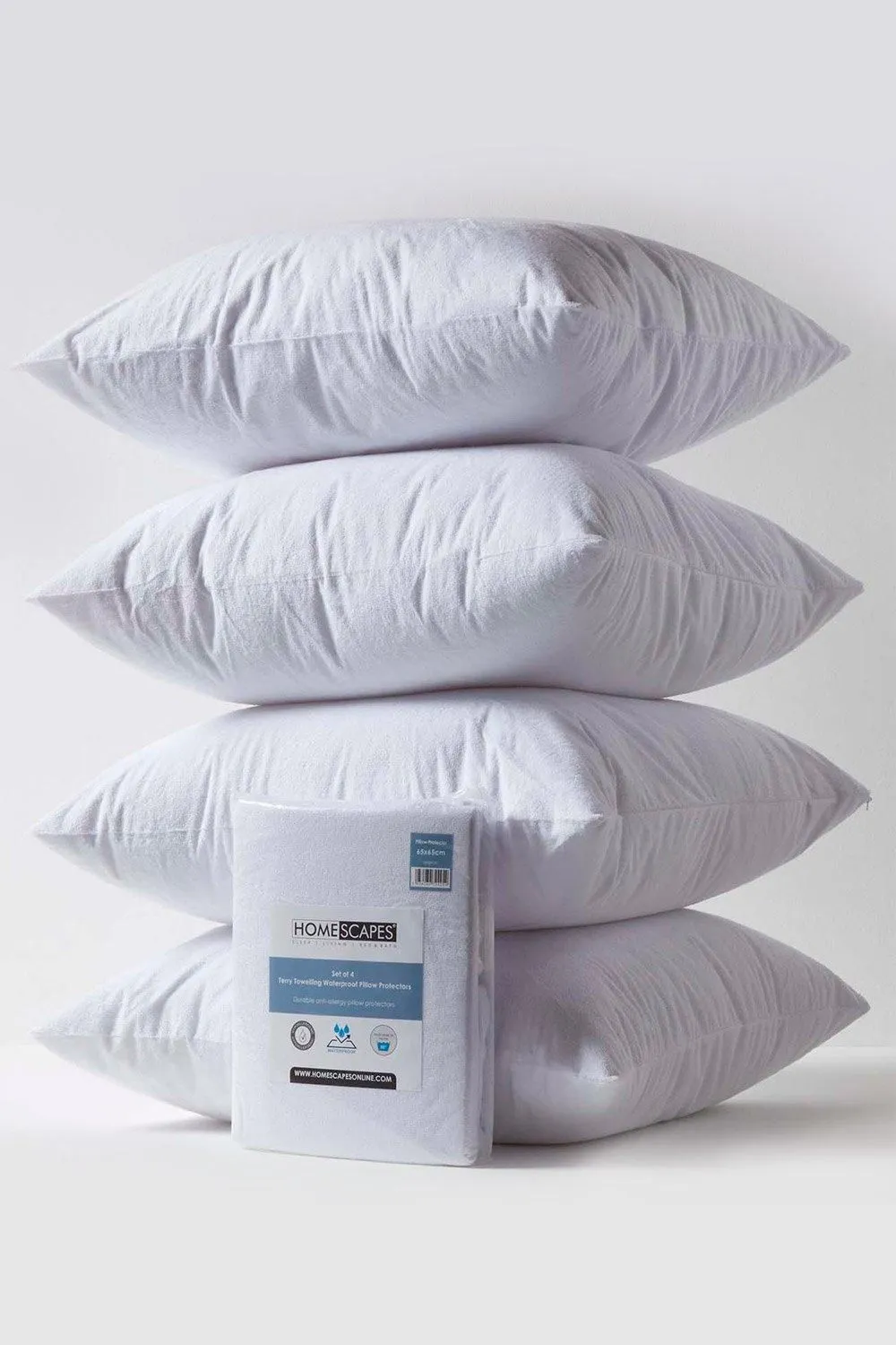 Homescapes Terry Towelling Waterproof Pillow Protectors 65 x 65 cm, Pack of 4 in White