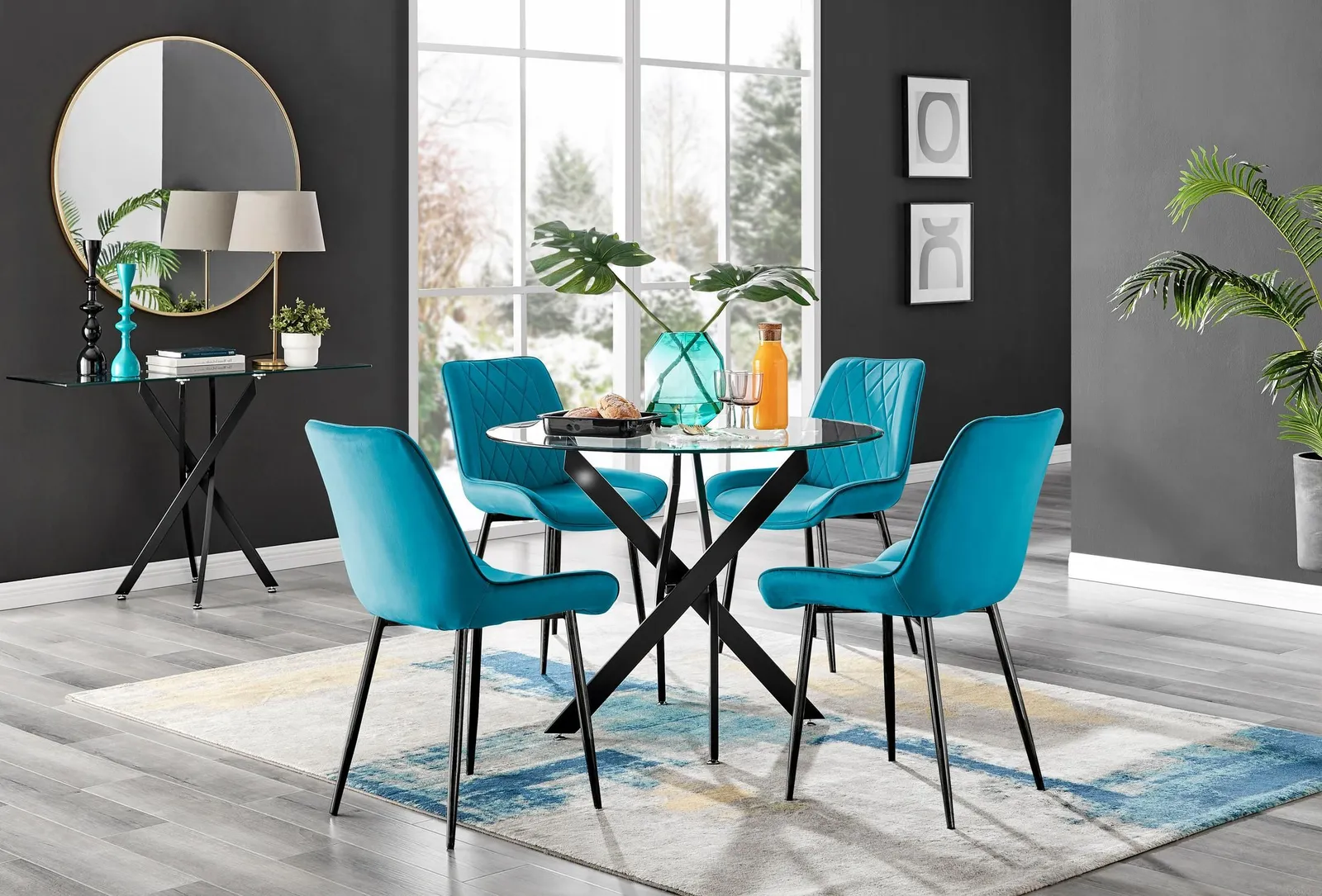 FurnitureboxUK Novara 4 Seater Black Leg Round Glass Dining Table & 4 Pesaro Soft Velvet Black Leg Chairs in Blue