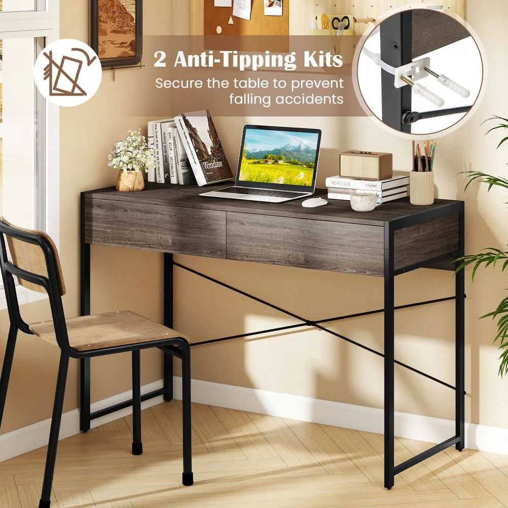 Costway Computer Desk Compact Writing Desk with 2 Drawers in Grey 4