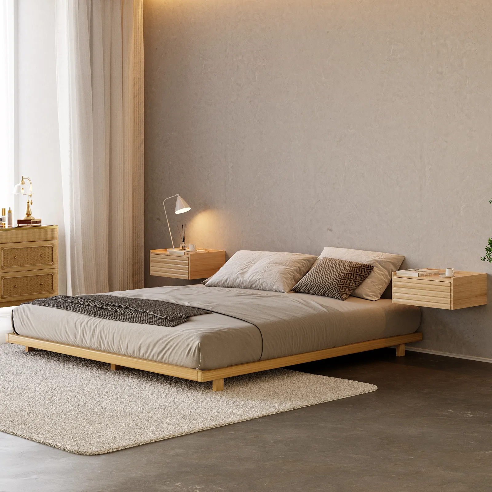 Japanese Style King Low Bed Frame Solid Wooden Floor Bed in Walnut