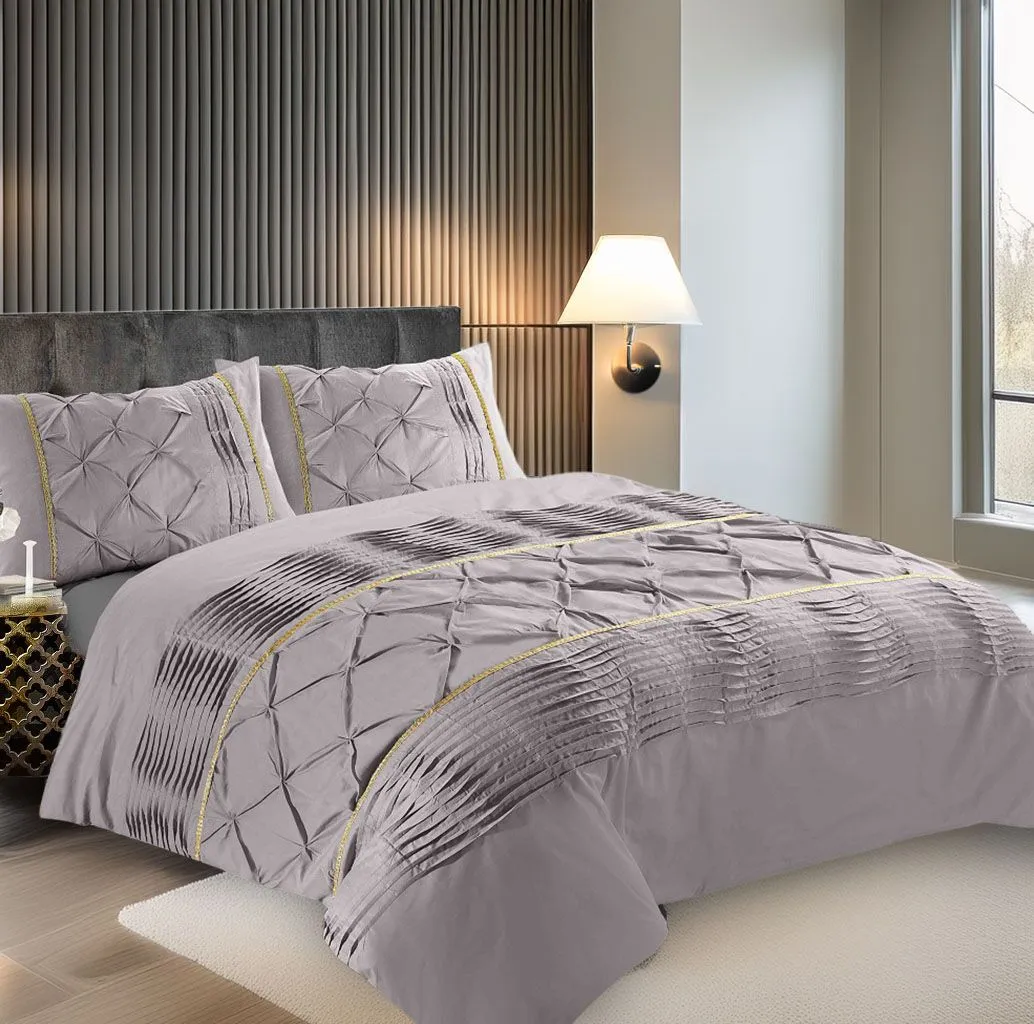 Snug City Duvet Cover & Pillowcase Set Modern Pintuck Border Pleated Bed Linen in Silver